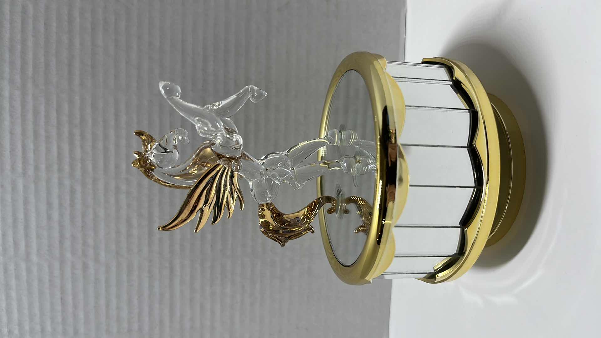Photo 1 of VINTAGE CRYSTAL UNICORN W GOLD ACCENTS STATUE ON ROTATING MIRRORED MUSIC BOX, “IMPOSSIBLE DREAM” 6.25”
