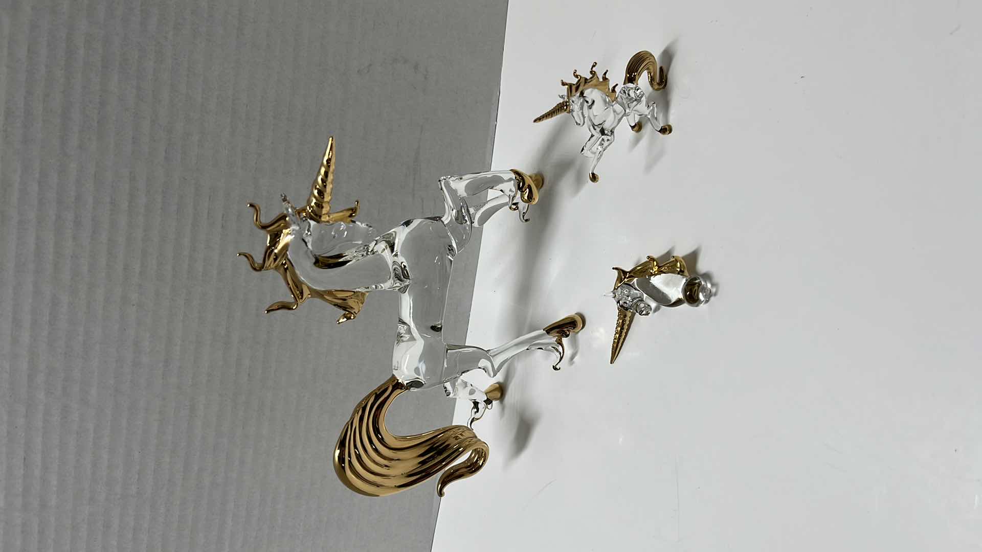 Photo 1 of GLASS UNICORN FIGURINES W GOLD MANES, HORNS, HOOVES & TAILS W GLASS/GOLD UNICORN BOTTLE TOPPER (3)