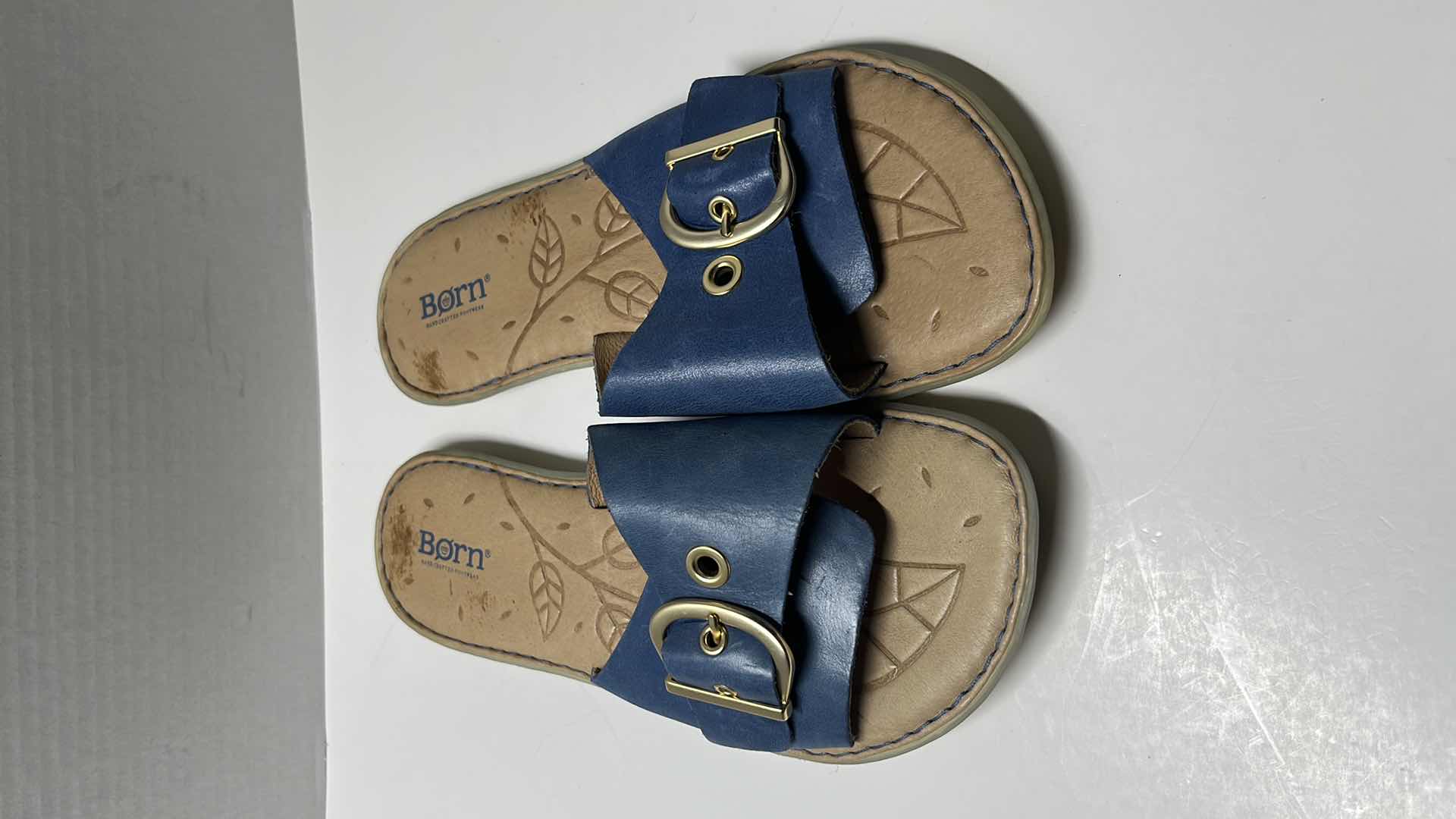 Photo 5 of BORN MIARRA BIG BUCKLE LEATHER SLIDE SANDALS, BLUE (WOMENS SIZE 9)