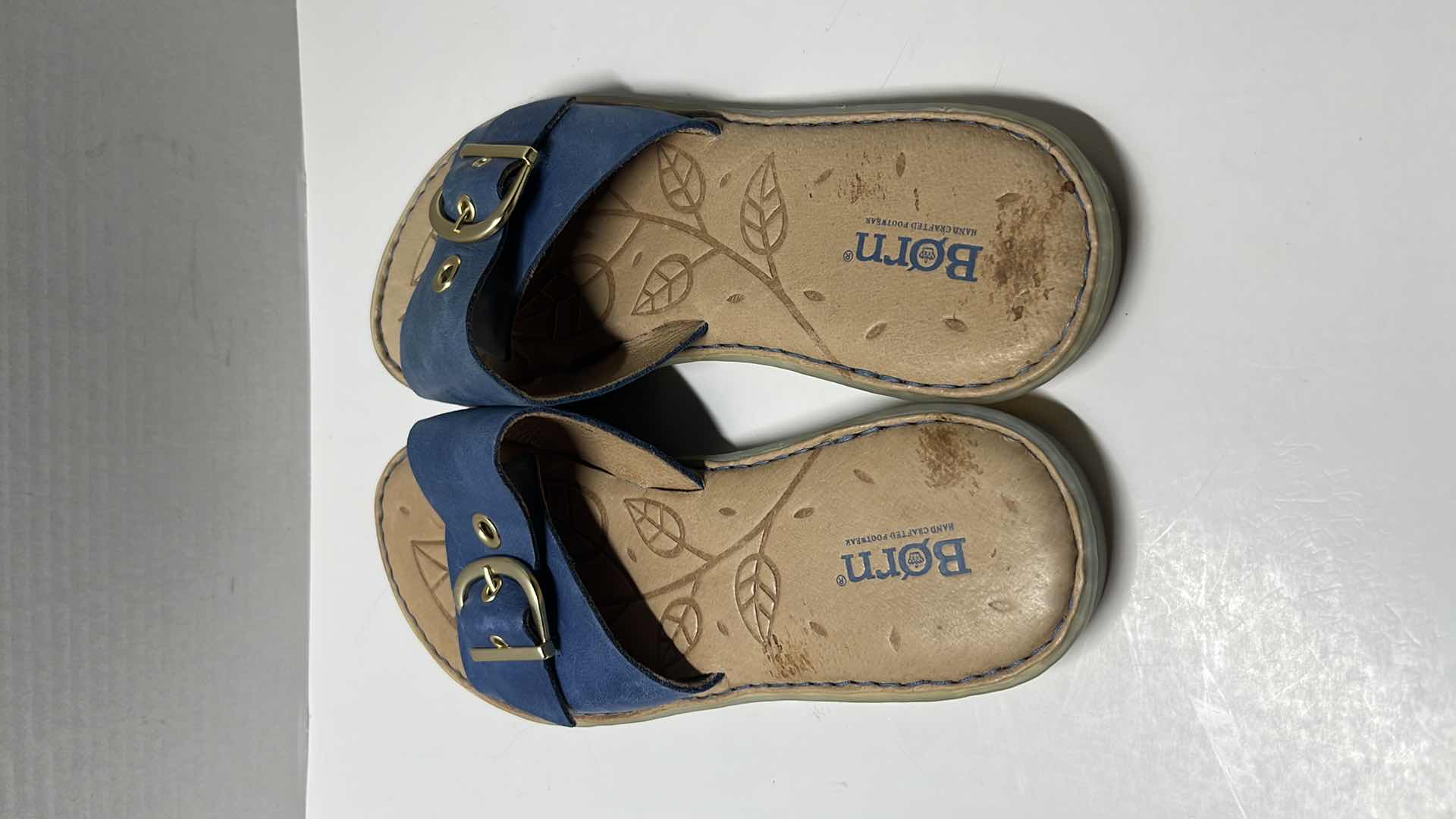 Photo 6 of BORN MIARRA BIG BUCKLE LEATHER SLIDE SANDALS, BLUE (WOMENS SIZE 9)