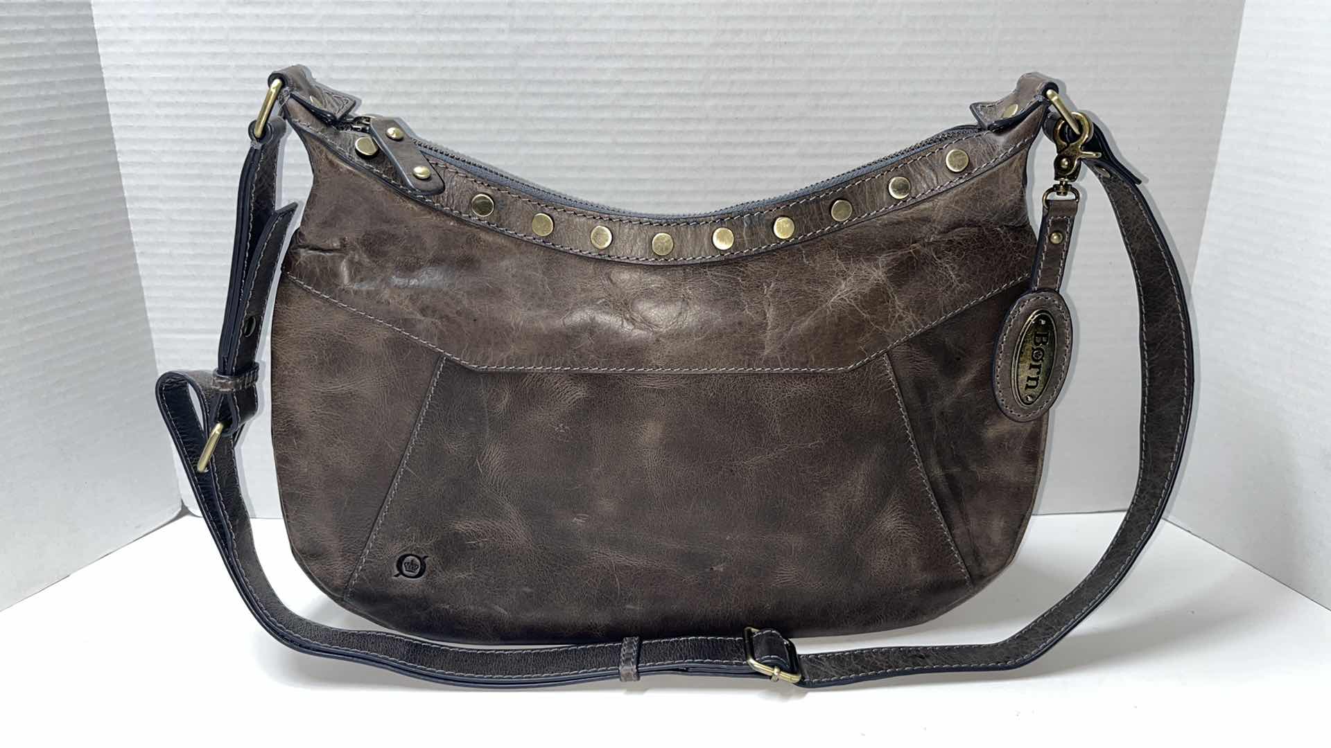 Photo 1 of BORN STUDDED LEATHER LARGE CROSSBODY BAG W RUBBED BRONZE EMBELLISHMENTS, RUSTIC BROWN