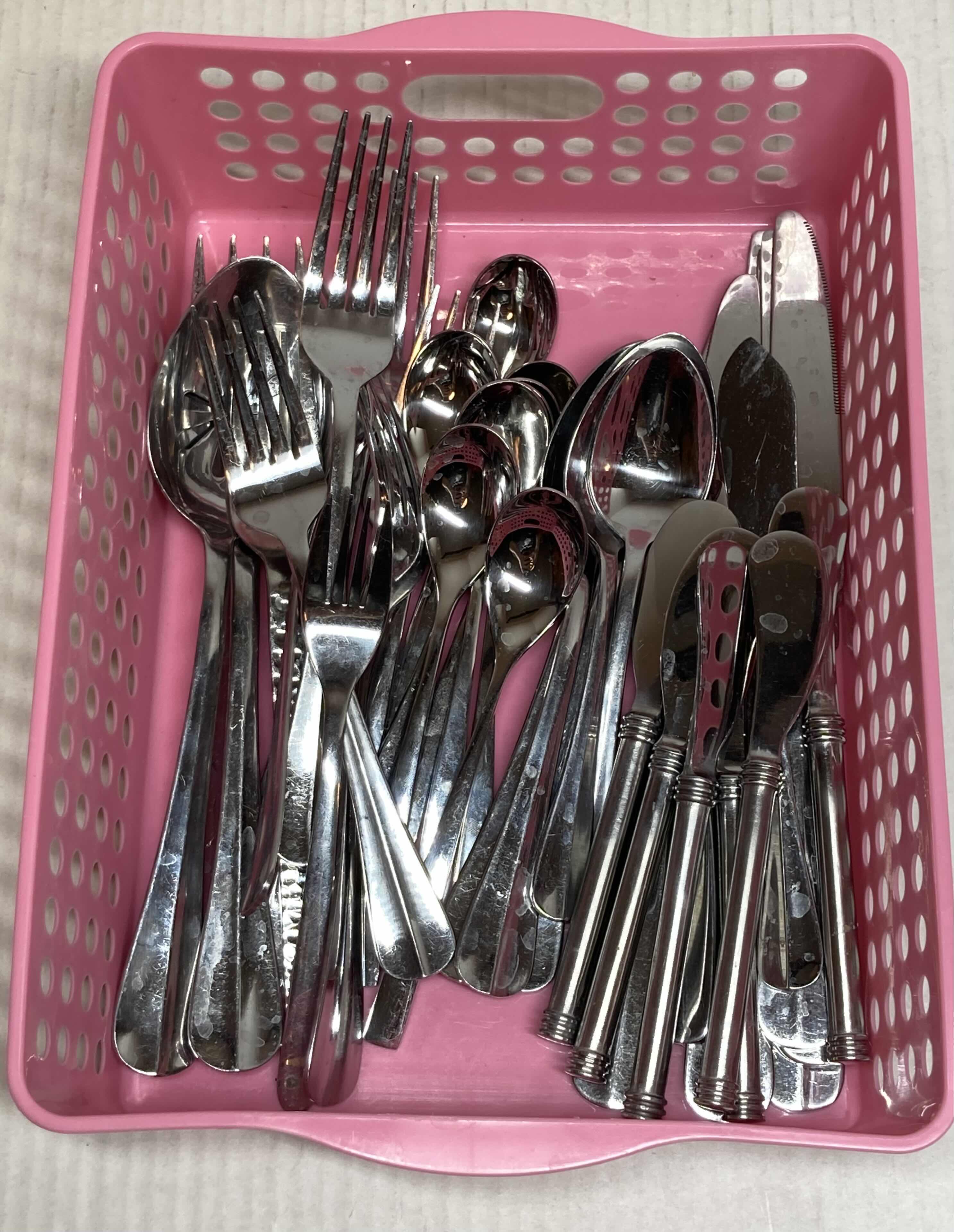 Photo 1 of FLATWARE-VARIOUS BRANDS & DESIGNS W PINK BASKET 8.5” X 12”