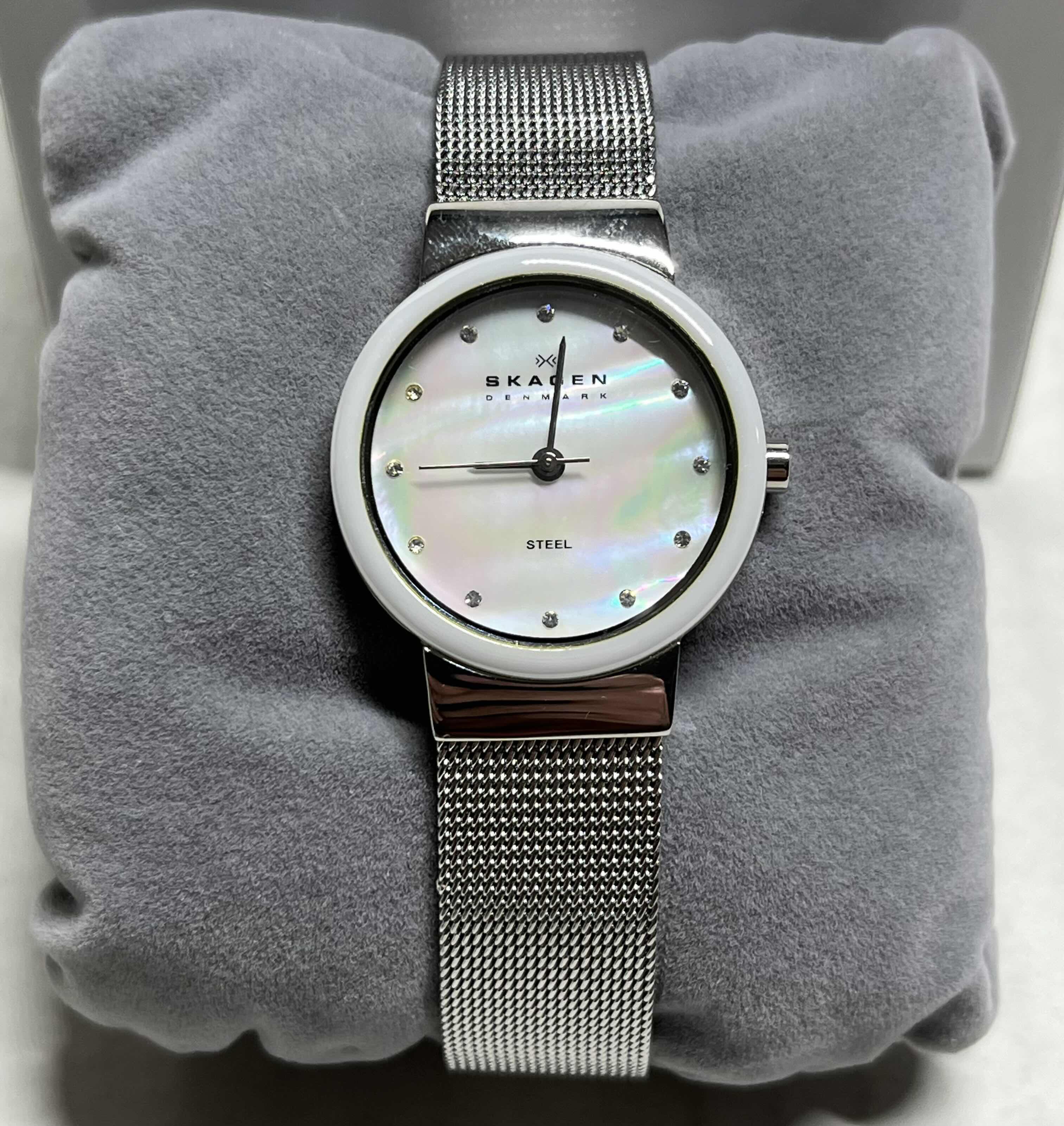 Photo 1 of SKAGEN DENMARK WOMENS ANALOG WATCH W STAINLESS STEEL CASE & MESH BAND, MOTHER OF PEARL INLAY & SWAROVSKI CRYSTALS MODEL 458SSSW