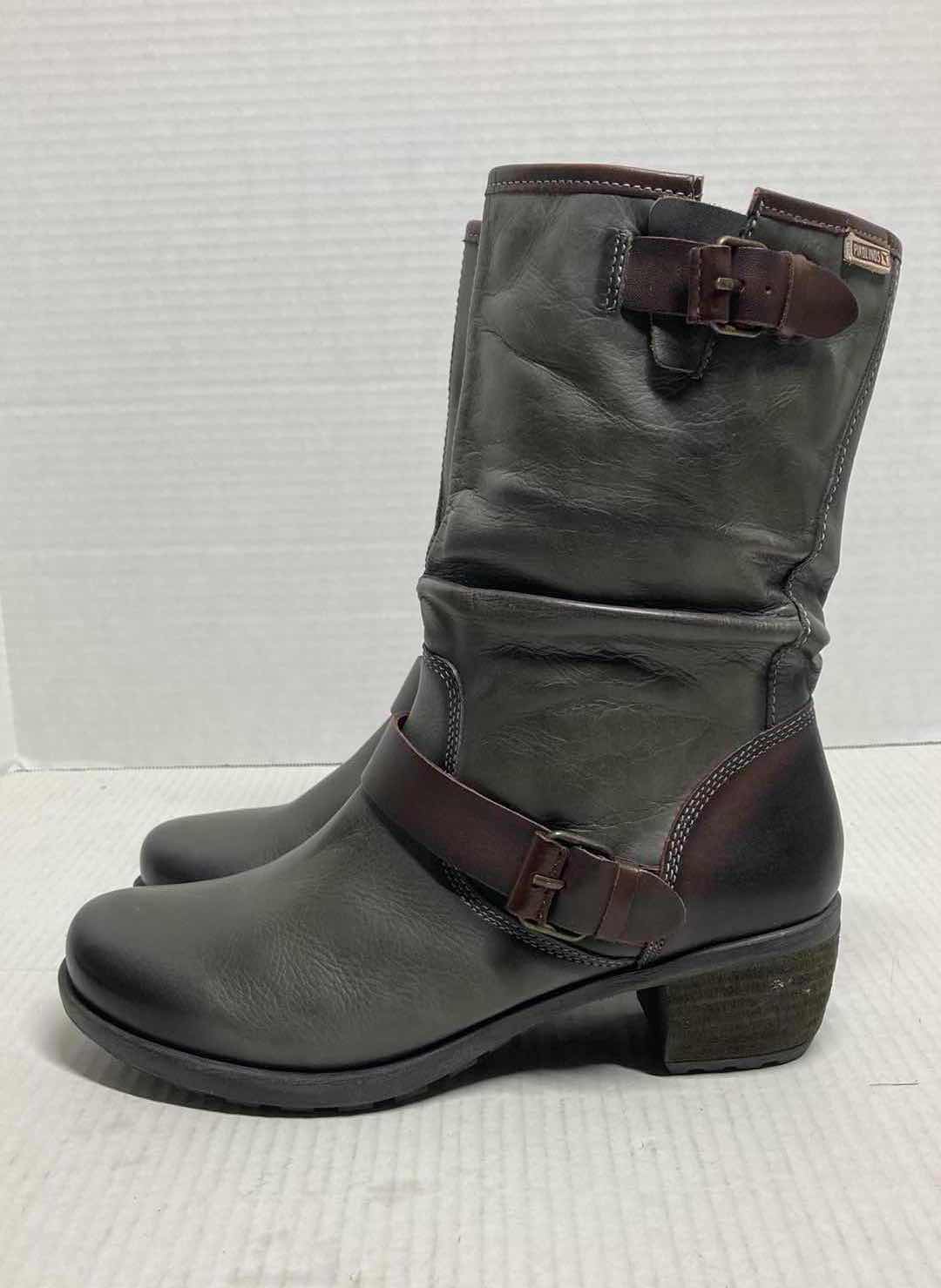 Photo 3 of PIKOLINOS DARK GREY TALL LEATHER COMBAT BOOTS W BROWN BUCKLE WOMAN’S SIZE EU 39