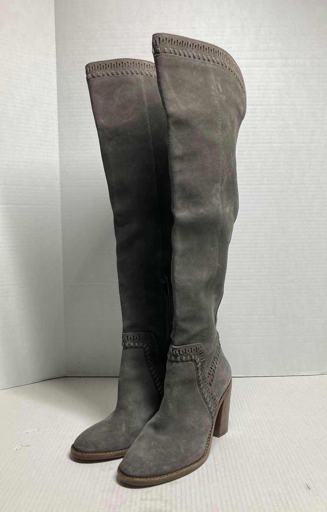 Photo 1 of VINCE CAMUTO BROWN TAUPE SUEDE OVER THE KNEE LEATHER BLOCK HEEL BOOTS WOMAN’S SIZE 9M