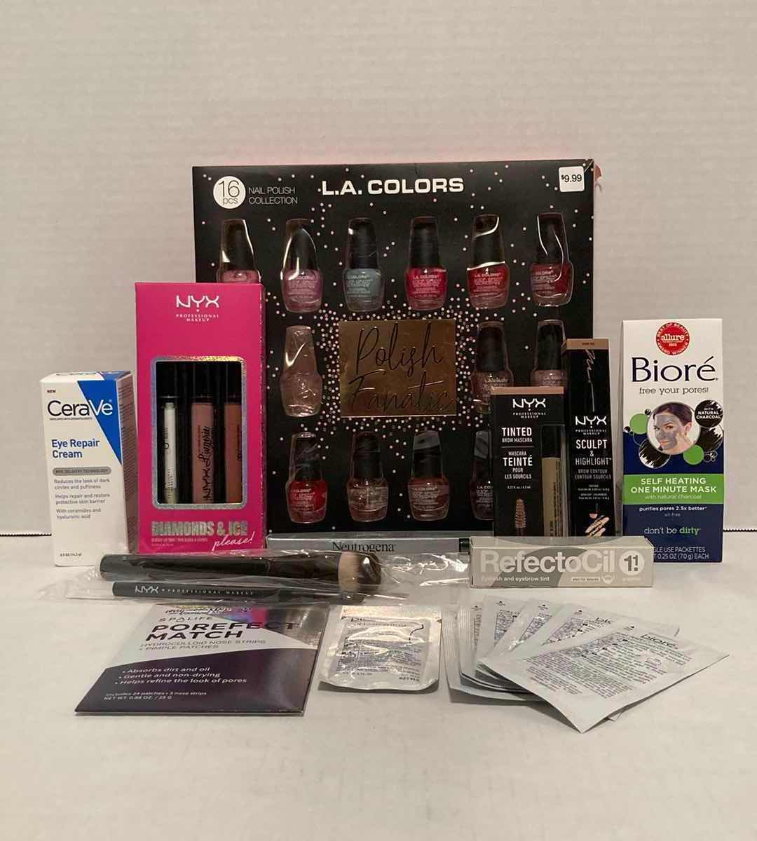 Photo 1 of VARIETY OF BEAUTY PRODUCTS - NAIL POLISH, SKIN CARE, EYEBROW MAKEUP, & BRUSHES