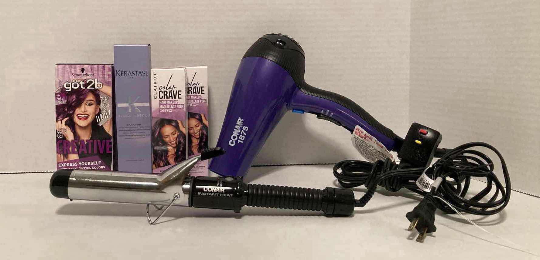 Photo 1 of CONAIR CURLING IRON, CONAIR BLOW DRYER & SEMI- PERMANENT HAIR DYE/HAIR MAKEUP