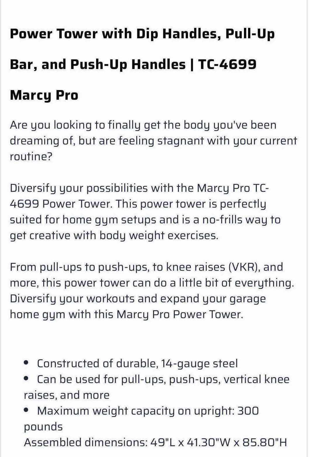 Photo 5 of MARCY PRO TRAINING SYSTEM “POWER TOWER” W DIP HANDLES, PULL UP BAR, 49"L x 41.30"W x 85.80"H TC-4699 (READ NOTES)