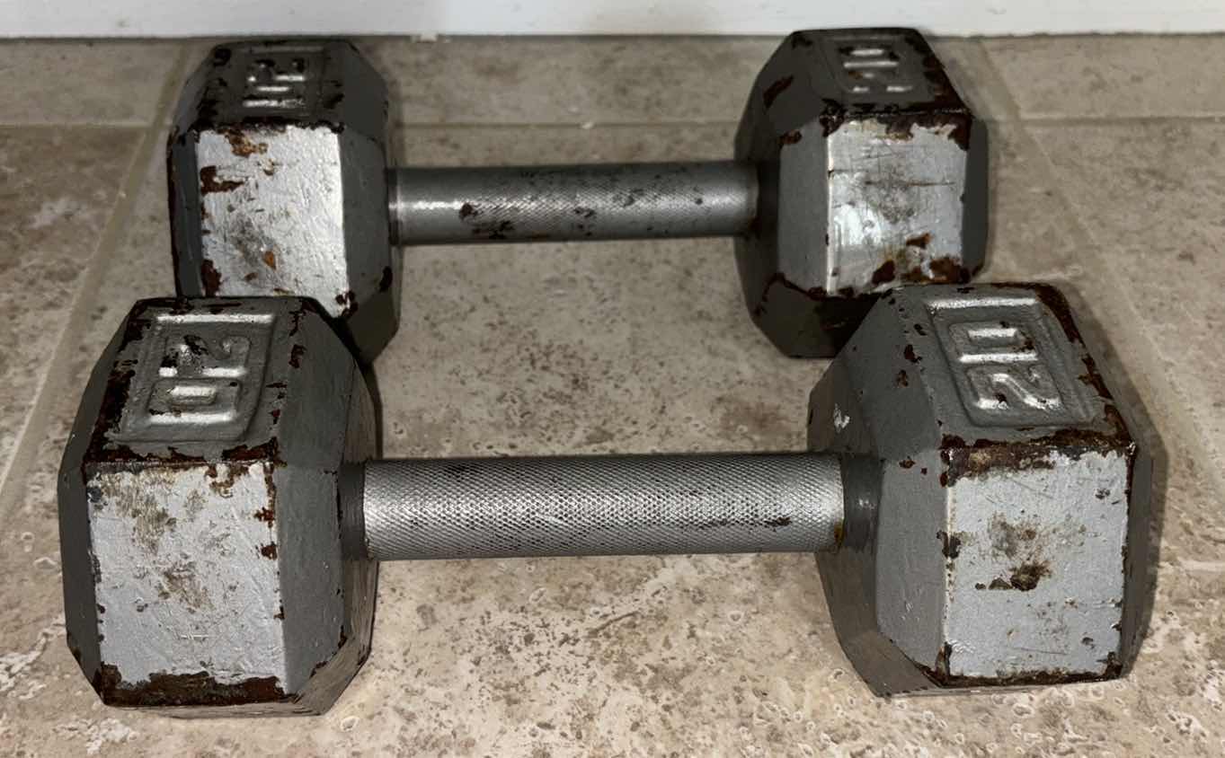 Photo 2 of CAST IRON PAIR OF HEXAGON 20LB DUMBBELLS