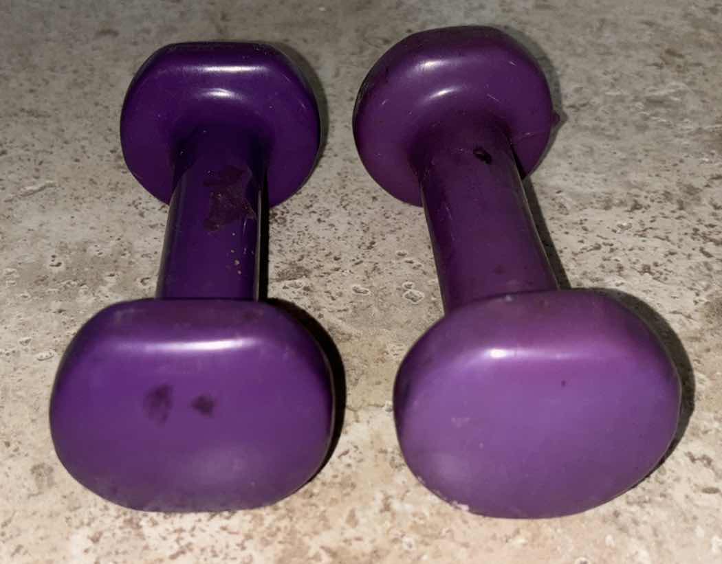 Photo 2 of DUMBBELL SETS, PURPLE 2LBS & CAST IRON 3LBS