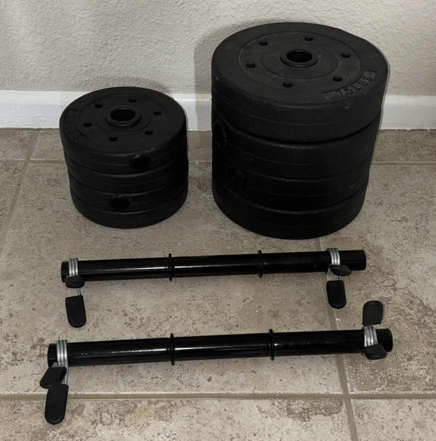 Photo 1 of ADJUSTABLE DUMBBELL SET W PLASTIC WEIGHT PLATES, 7.5LB WEIGHTS (4), 2.5LB WEIGHTS (4), DUMBBELL BARS (2) & SPRING LOCKING CLIPS (4)