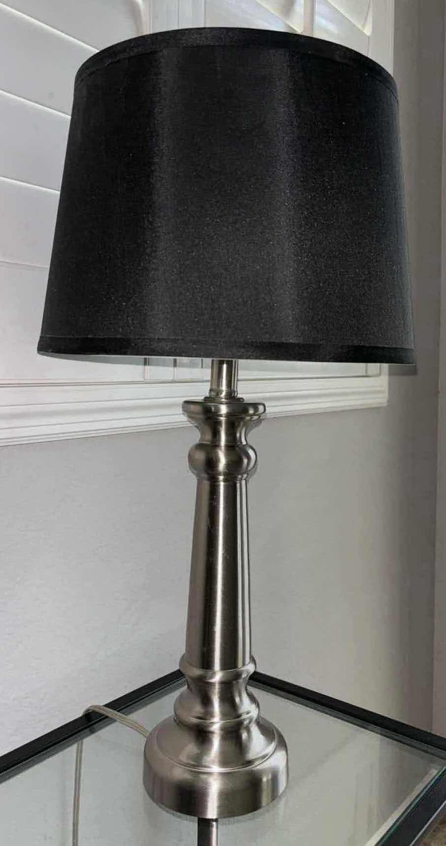 Photo 1 of BRUSHED NICKEL FINISH 24" TABLE LAMP W BLACK 13”D LAMP SHADE 