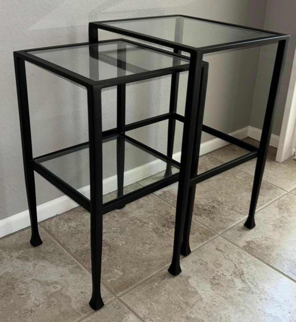 Photo 3 of POTTERY BARN TANNER COLLECTION SET OF 2 IRON RECTANGULAR NESTING END TABLES W TEMPERED GLASS TOPS 14” X 16” H24” & 13” X 13” H22.25”