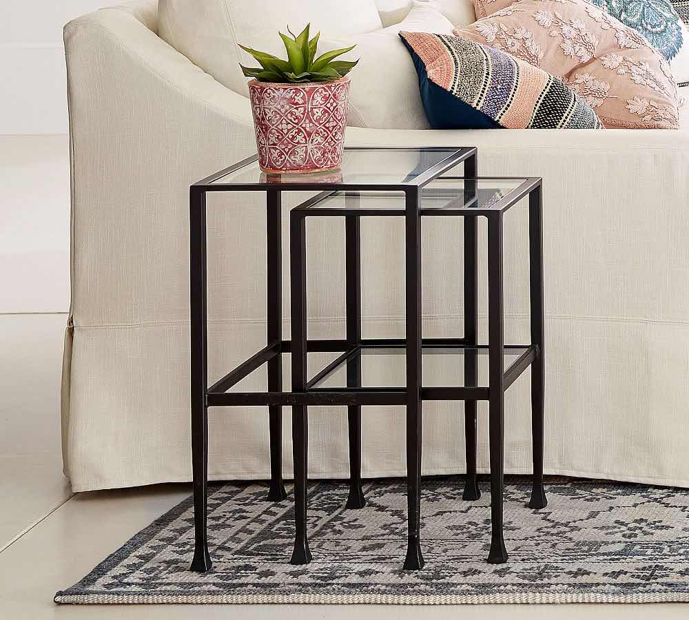 Photo 2 of POTTERY BARN TANNER COLLECTION SET OF 2 IRON RECTANGULAR NESTING END TABLES W TEMPERED GLASS TOPS 14” X 16” H24” & 13” X 13” H22.25”