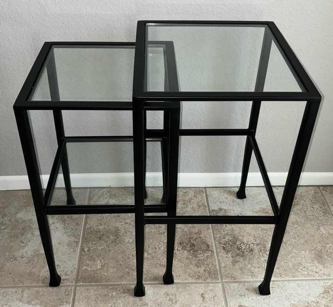 Photo 1 of POTTERY BARN TANNER COLLECTION SET OF 2 IRON RECTANGULAR NESTING END TABLES W TEMPERED GLASS TOPS 14” X 16” H24” & 13” X 13” H22.25”