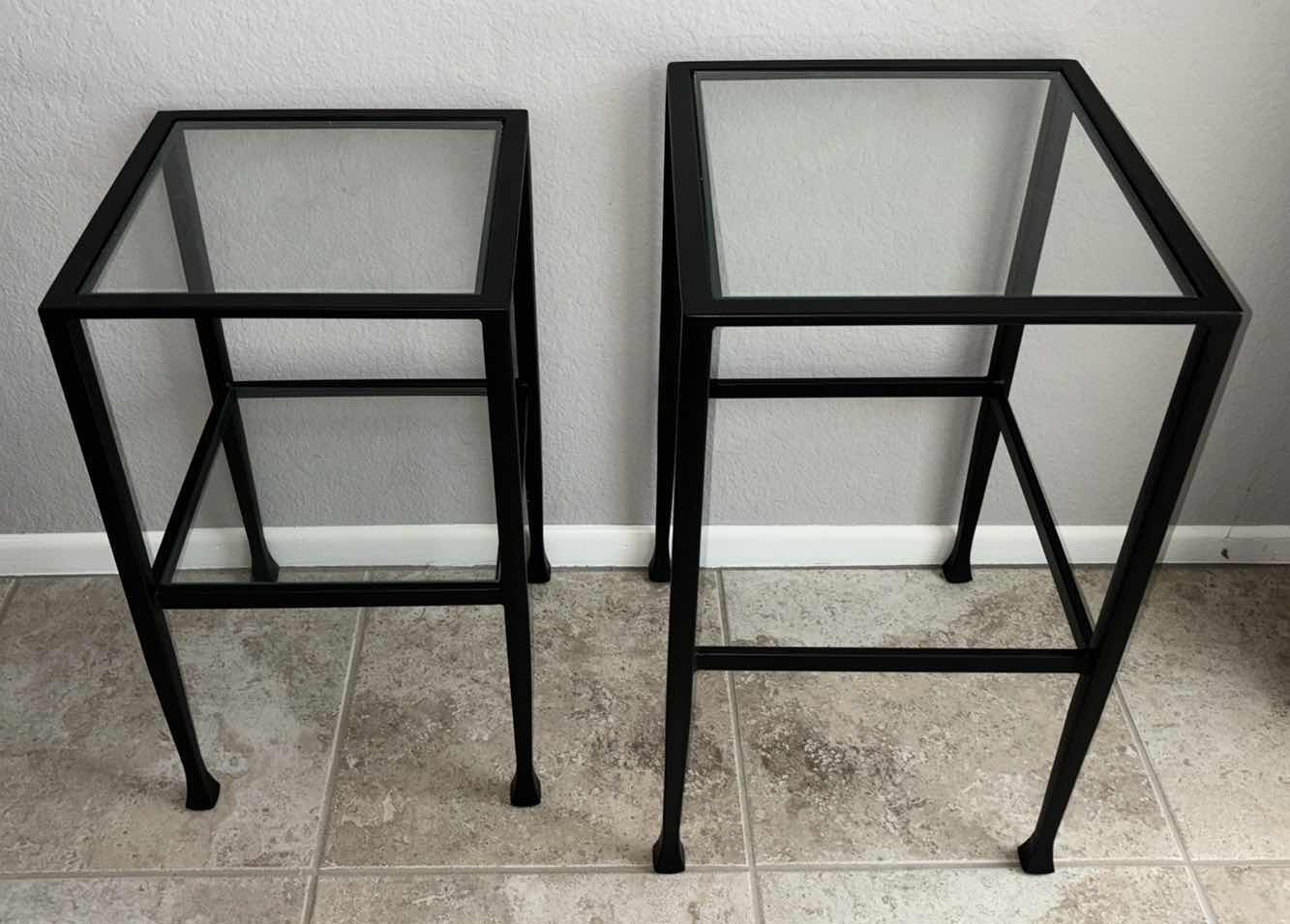 Photo 4 of POTTERY BARN TANNER COLLECTION SET OF 2 IRON RECTANGULAR NESTING END TABLES W TEMPERED GLASS TOPS 14” X 16” H24” & 13” X 13” H22.25”