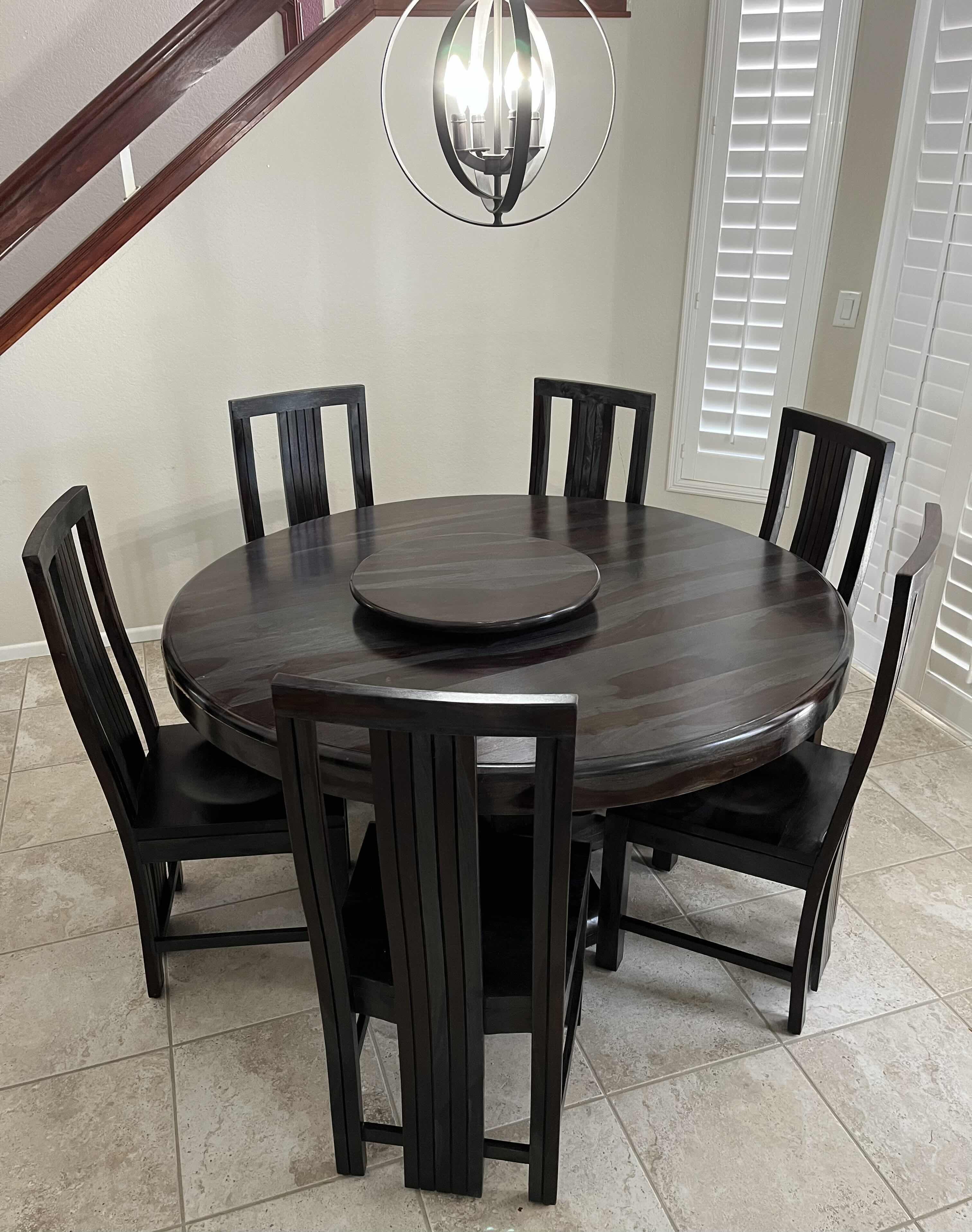 Photo 1 of COAST TO COAST 60” ROUND SHEESHAM HIGHLIGHT WASH PEDESTAL DINING TABLE W 22” LAZY SUSAN & 6 CHAIRS (READ NOTES)