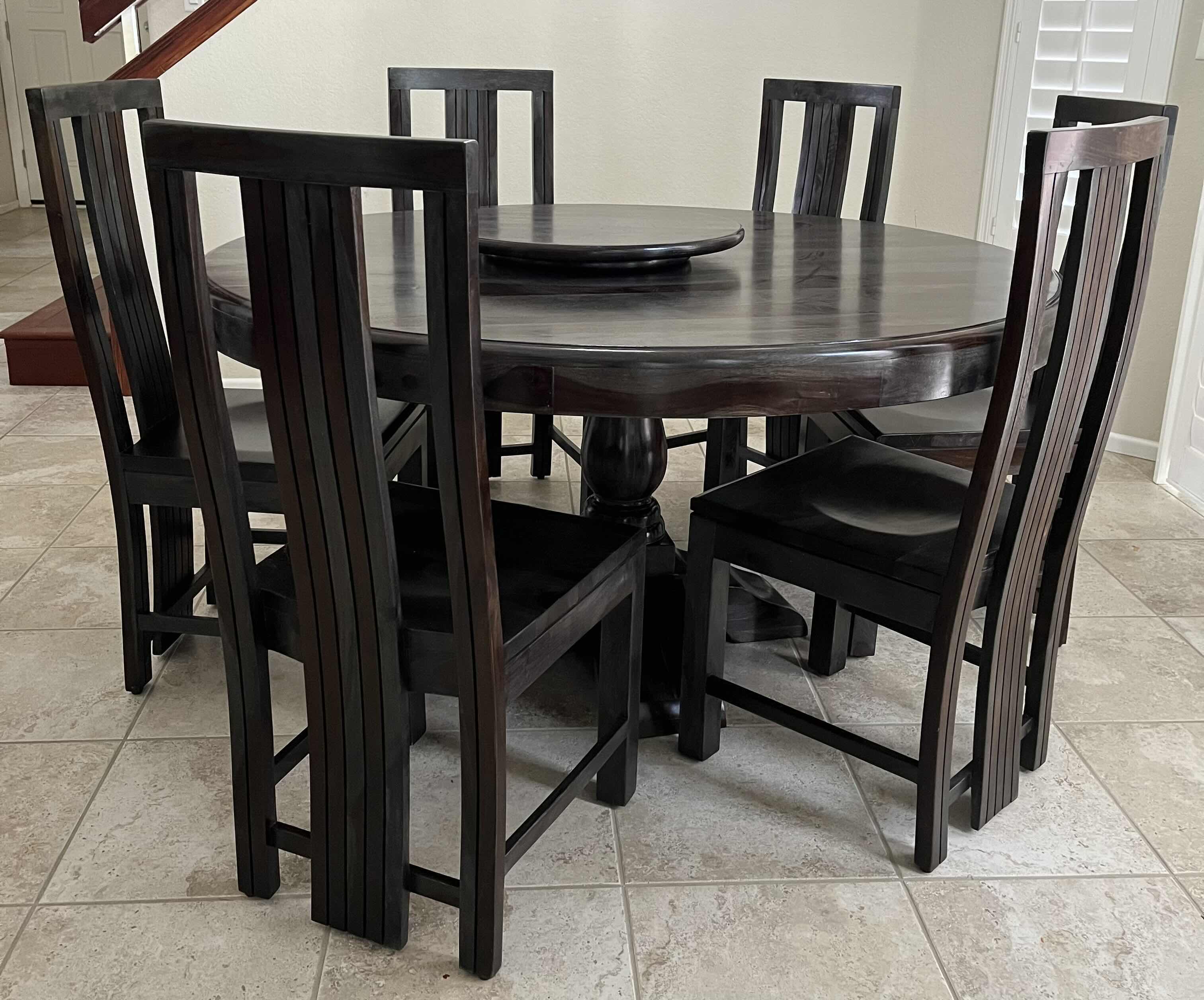 Photo 2 of COAST TO COAST 60” ROUND SHEESHAM HIGHLIGHT WASH PEDESTAL DINING TABLE W 22” LAZY SUSAN & 6 CHAIRS (READ NOTES)