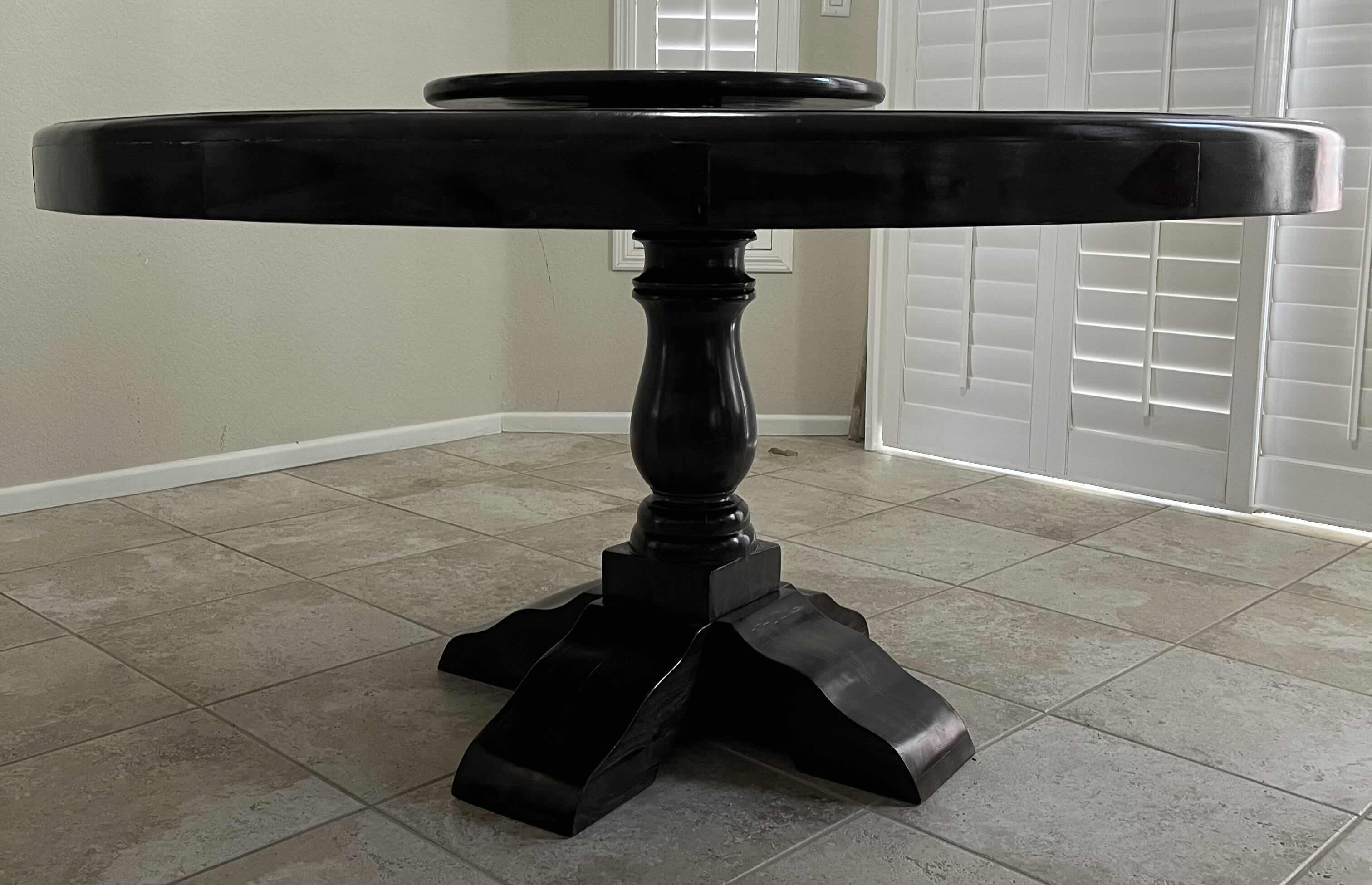 Photo 4 of COAST TO COAST 60” ROUND SHEESHAM HIGHLIGHT WASH PEDESTAL DINING TABLE W 22” LAZY SUSAN & 6 CHAIRS (READ NOTES)