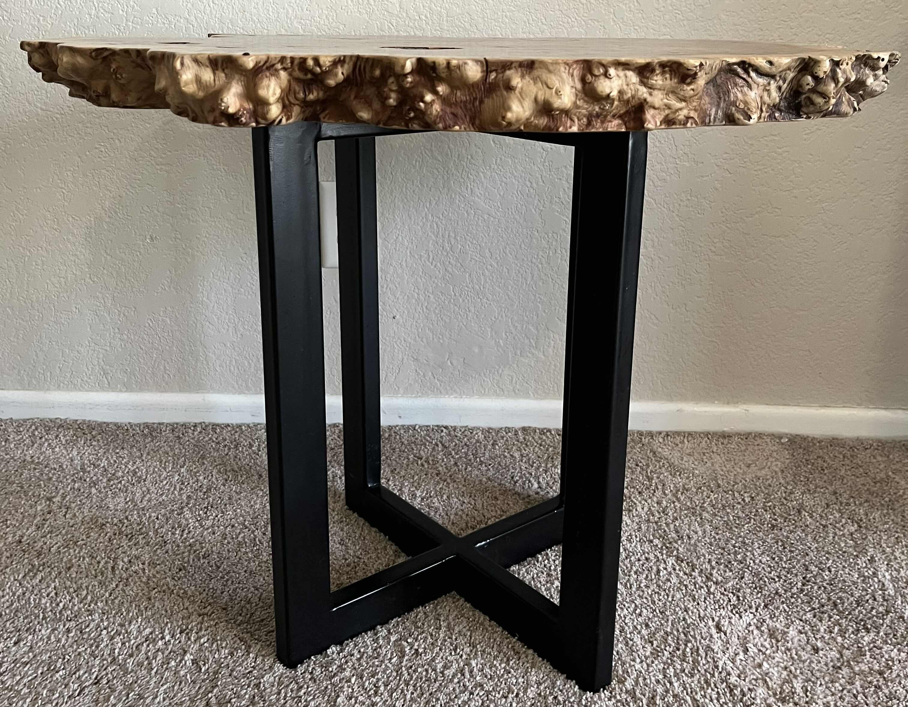 Photo 4 of EPOXY SOLID WOOD SLAB LIVE EDGE BLACK STEEL BASE ACCENT SIDE TABLE 29” X 28” H21.5”