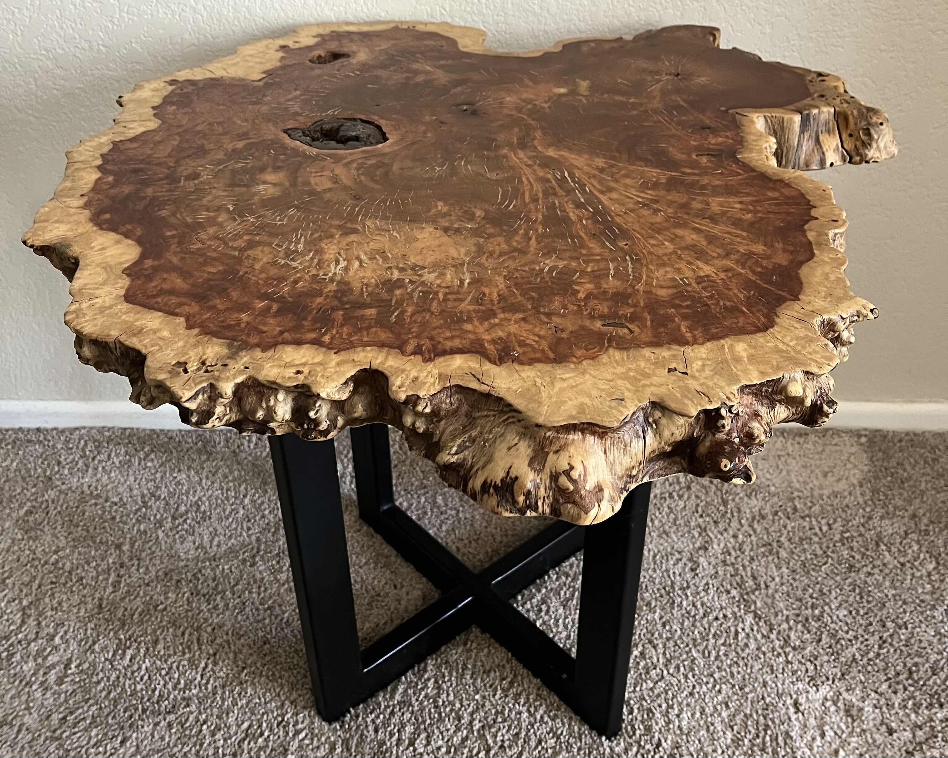 Photo 1 of EPOXY SOLID WOOD SLAB LIVE EDGE BLACK STEEL BASE ACCENT SIDE TABLE 29” X 28” H21.5”