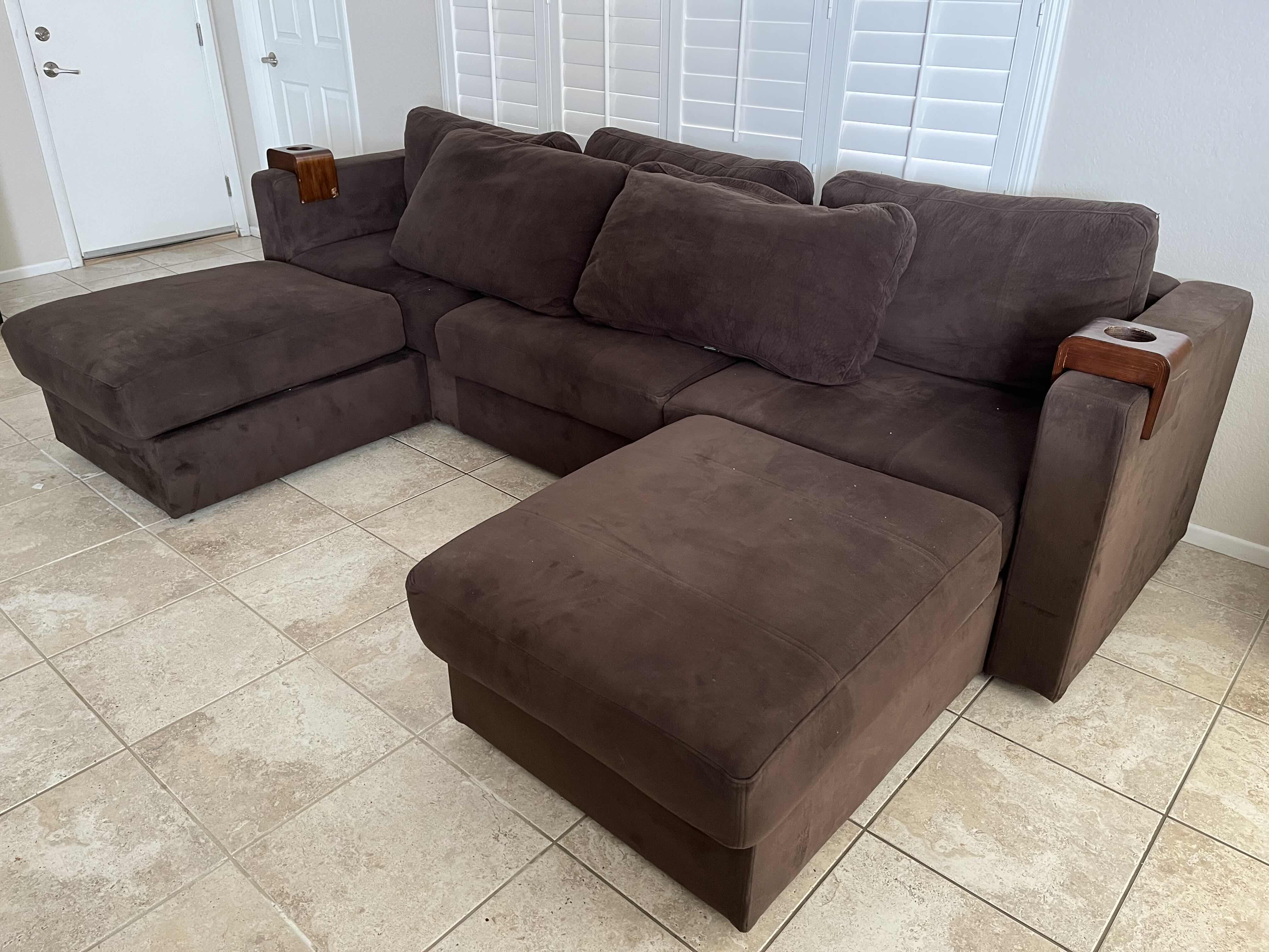 Photo 3 of LOVESAC CHOCOLATE PADDED VELVET U SHAPE ADJUSTABLE SECTIONAL SOFA W 2 WOOD CUP HOLDERS 118” X 74” H29” (READ NOTES)