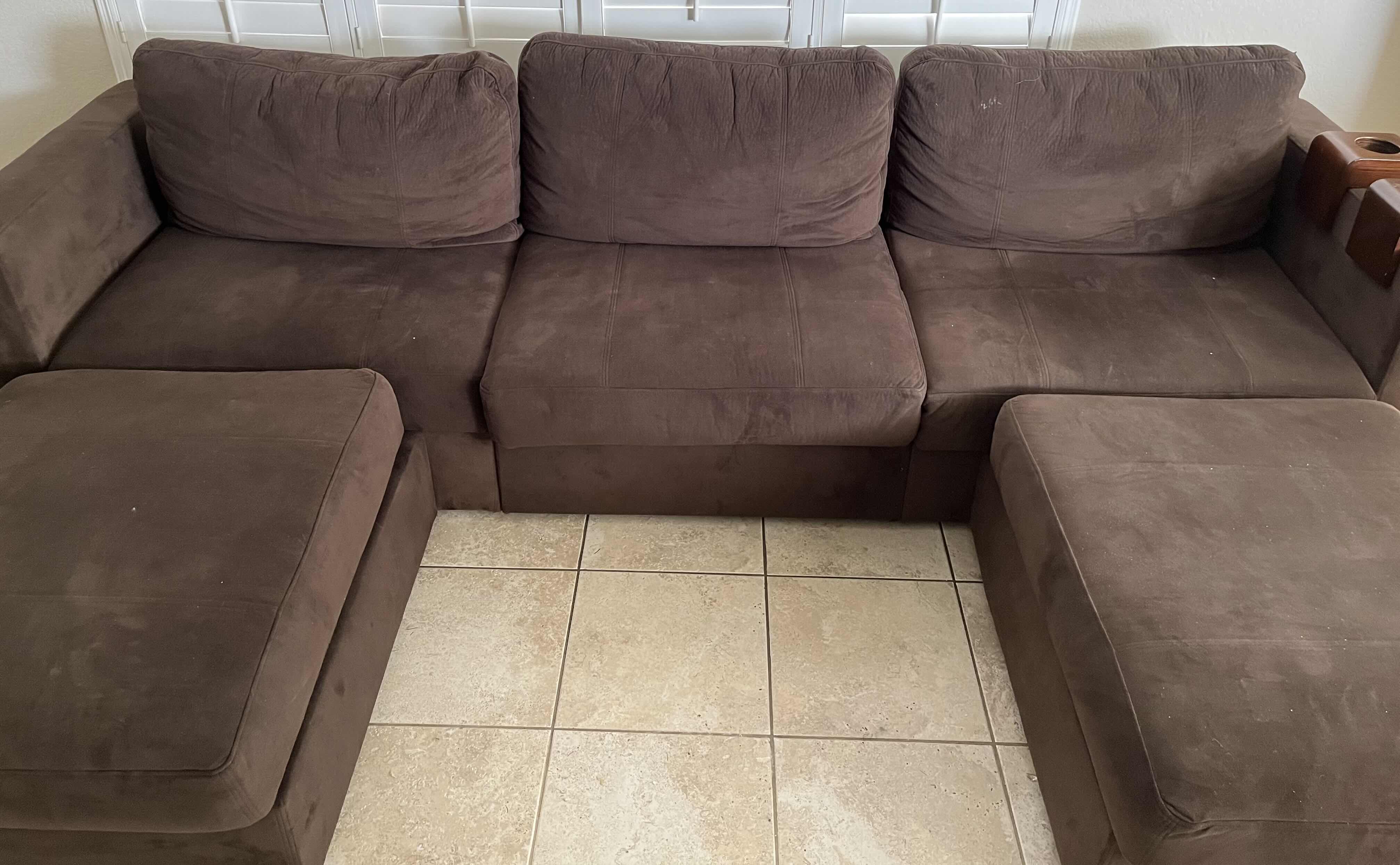 Photo 4 of LOVESAC CHOCOLATE PADDED VELVET U SHAPE ADJUSTABLE SECTIONAL SOFA W 2 WOOD CUP HOLDERS 118” X 74” H29” (READ NOTES)