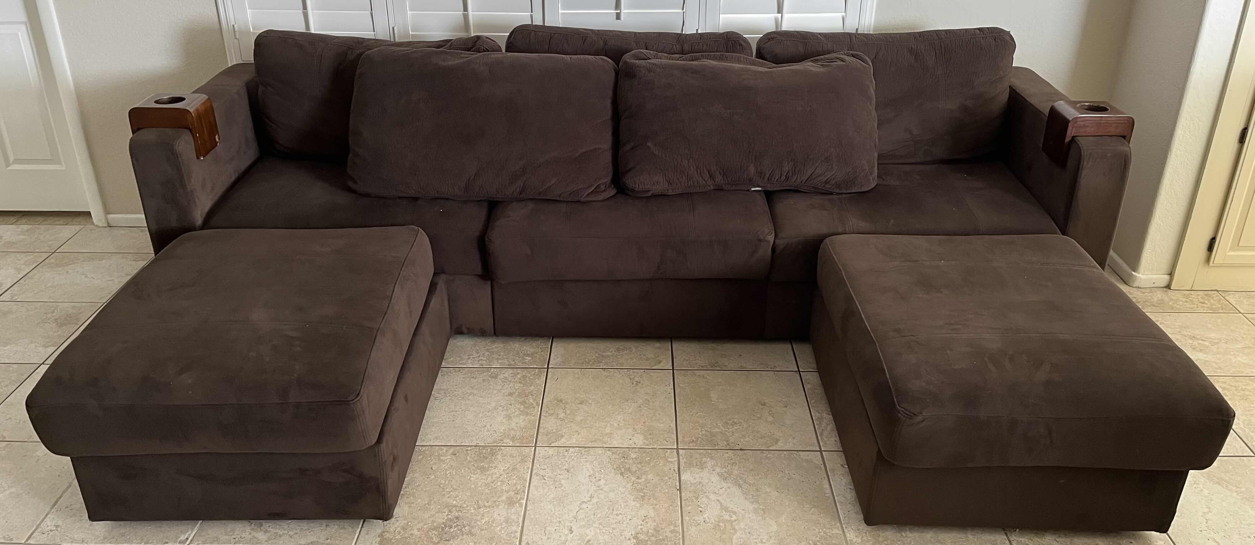 Photo 1 of LOVESAC CHOCOLATE PADDED VELVET U SHAPE ADJUSTABLE SECTIONAL SOFA W 2 WOOD CUP HOLDERS 118” X 74” H29” (READ NOTES)