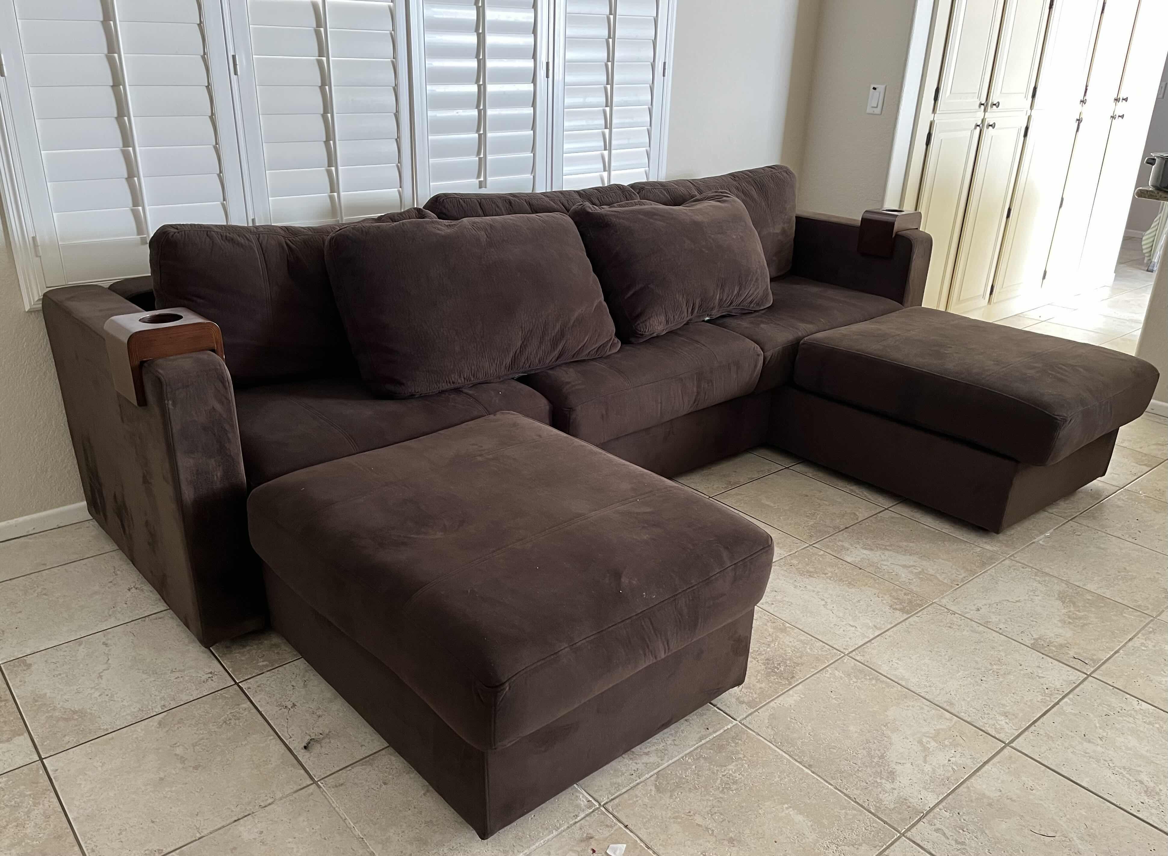 Photo 2 of LOVESAC CHOCOLATE PADDED VELVET U SHAPE ADJUSTABLE SECTIONAL SOFA W 2 WOOD CUP HOLDERS 118” X 74” H29” (READ NOTES)