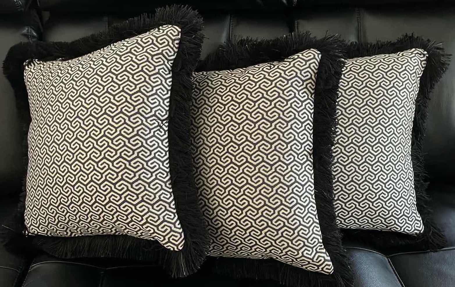 Photo 2 of MING FRET DESIGN BLACK & GRAY THROW PILLOWS (3) 15” X 15”