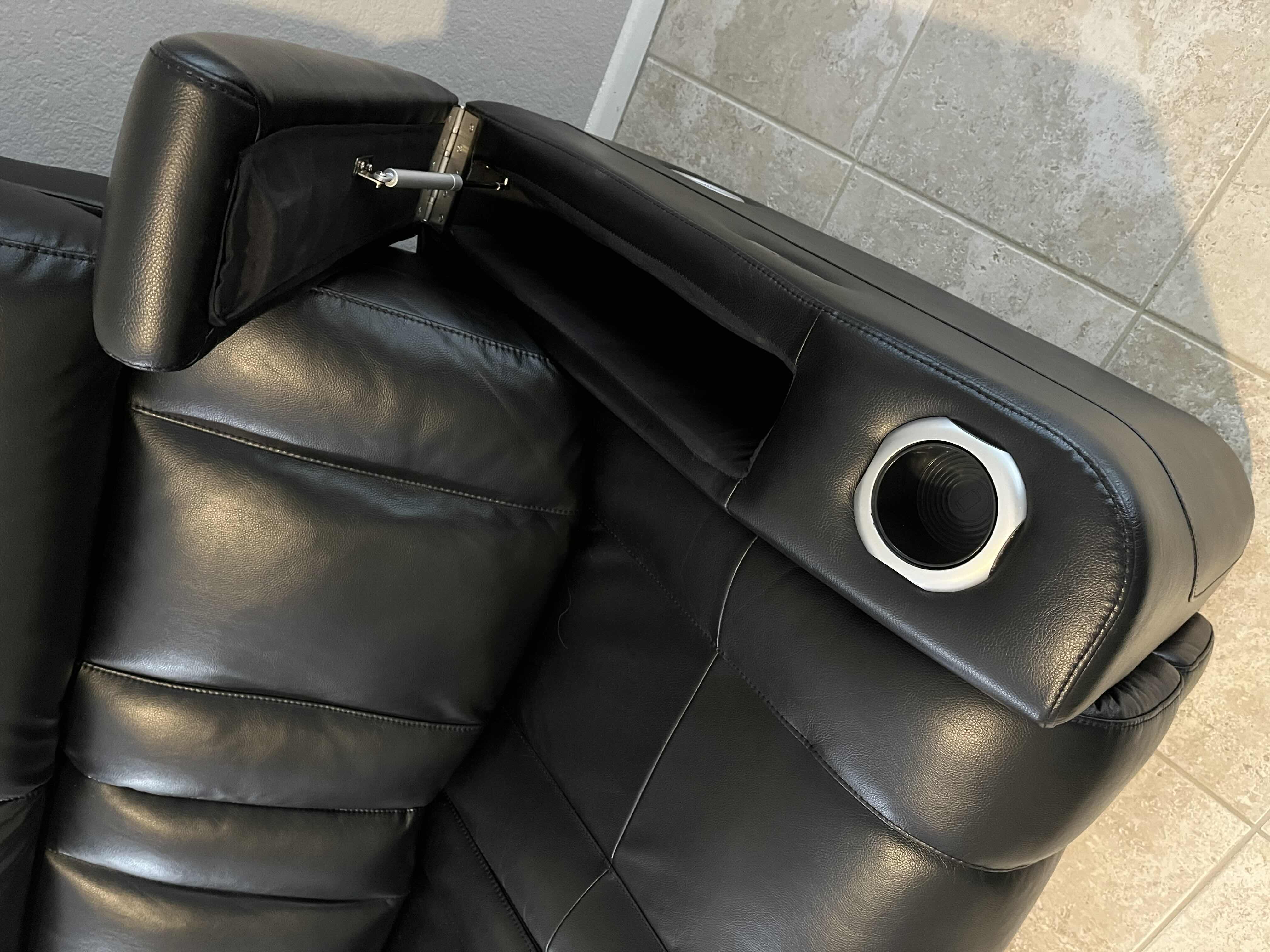 Photo 5 of ZHEJIANG HOME POINT FURNITURE CO BLACK LEATHER POWERED DUAL RECLINING SOFA 85” X 40” H41.5” (READ NOTES)