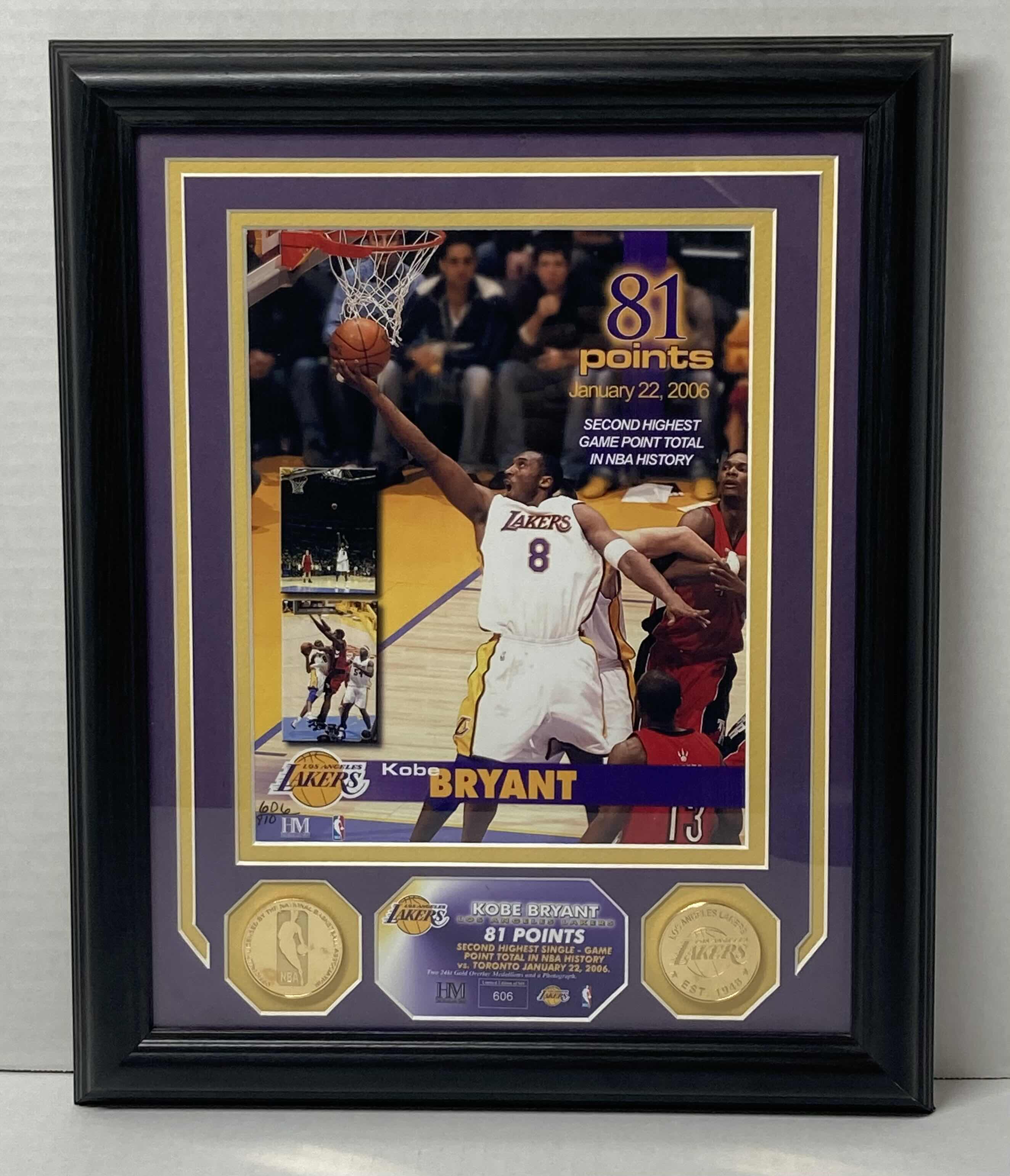 Photo 1 of KOBE BRYANT NO.8 LOS ANGELES LAKERS 81 POINTS FRAMED PHOTOMINT 1-22-2006 W NBA & LAKERS GOLD MEDALLIONS