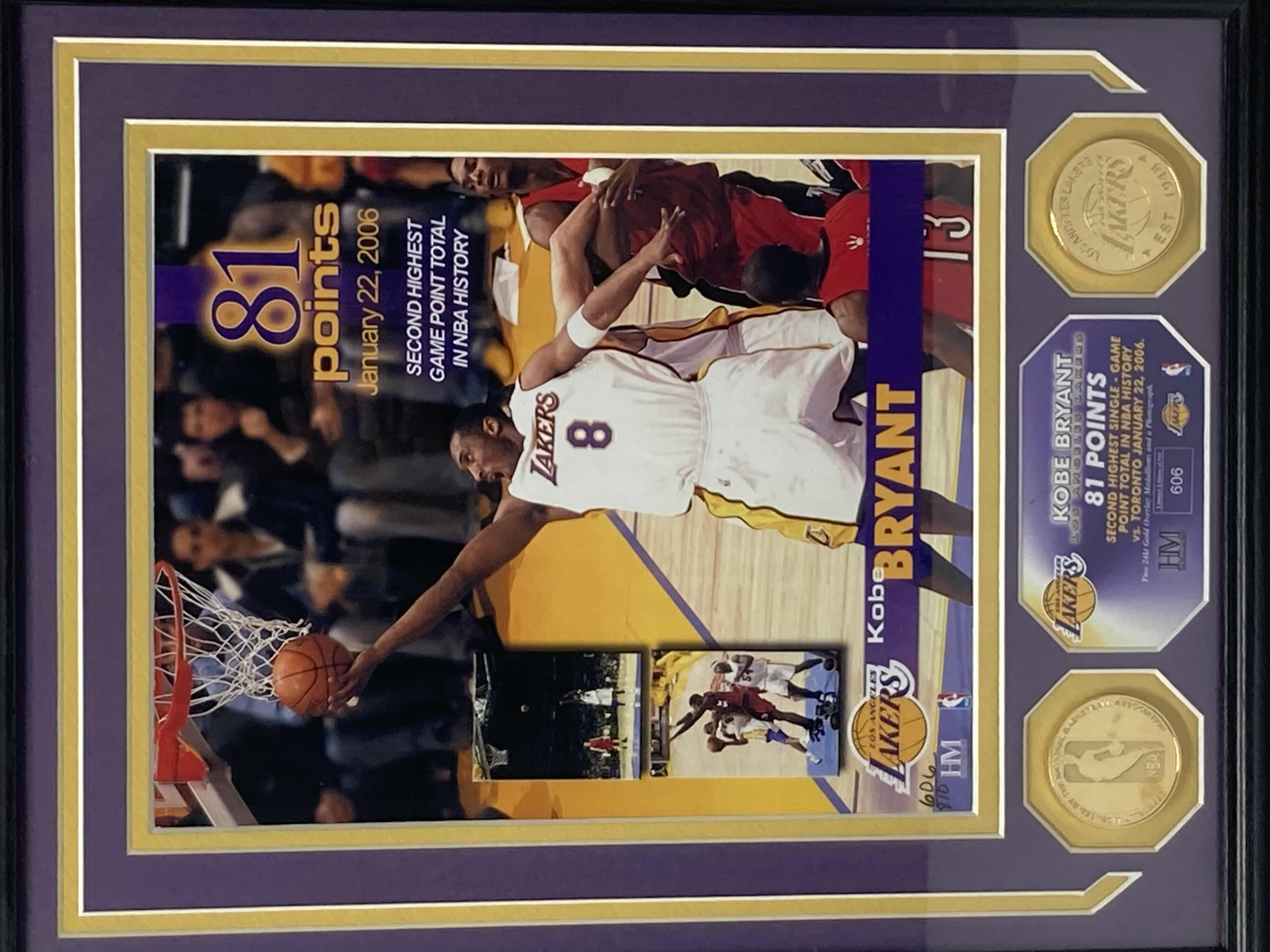 Photo 2 of KOBE BRYANT NO.8 LOS ANGELES LAKERS 81 POINTS FRAMED PHOTOMINT 1-22-2006 W NBA & LAKERS GOLD MEDALLIONS