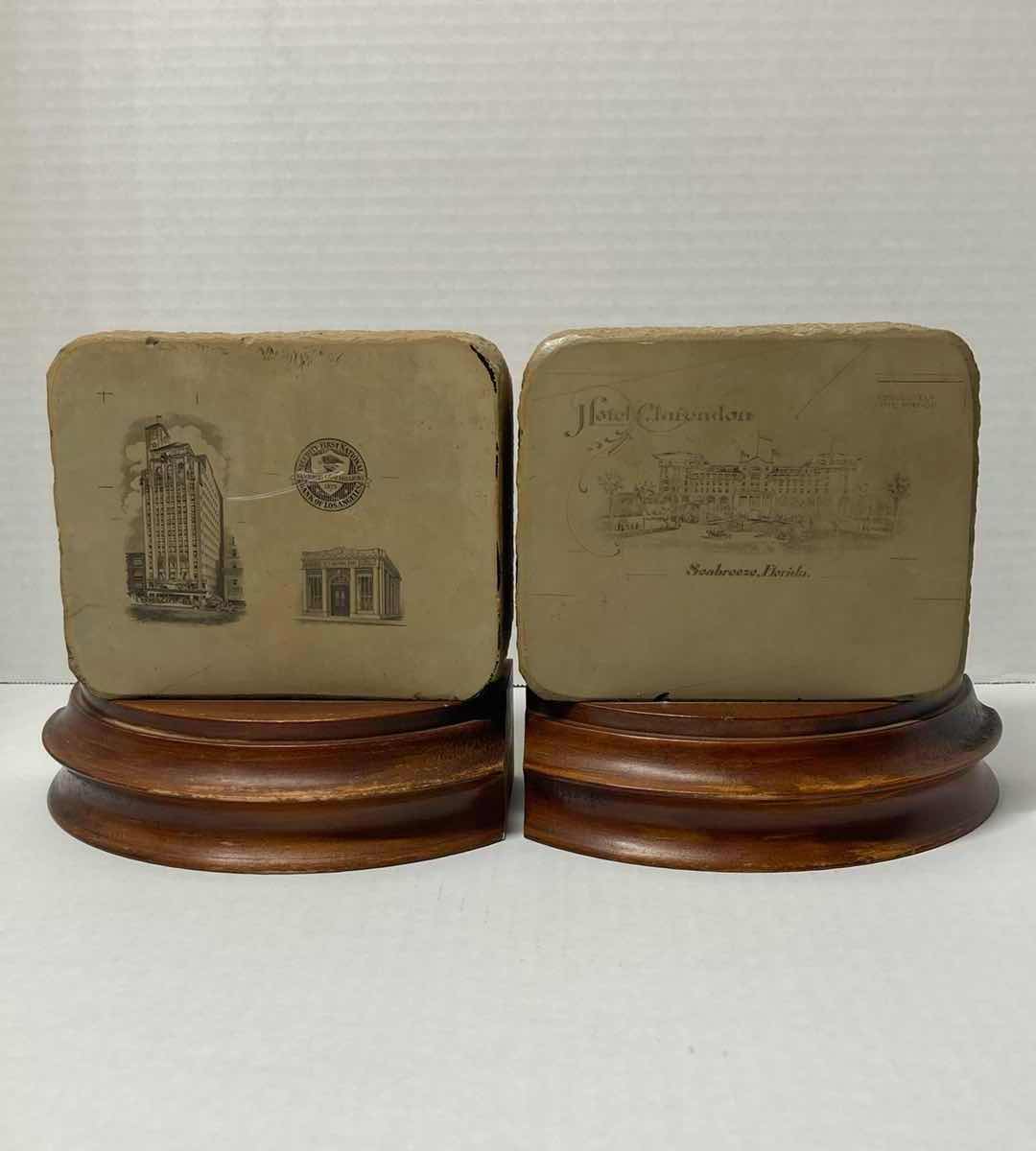 Photo 1 of HOTEL CLARENDON CLAY BLOCK WOOD BASE BOOKENDS (2) 7” X 4” H7”