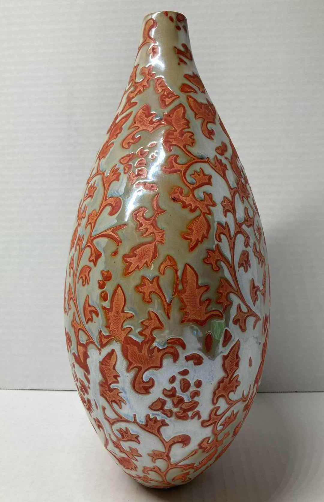 Photo 2 of ORNATE DESIGN ORANGE HAND PAINTED PORCELAIN VASE H14.5”