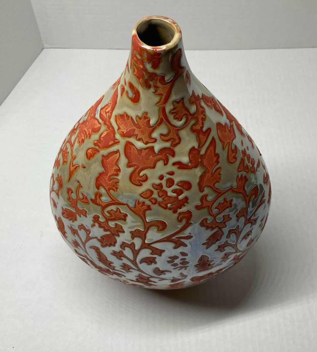 Photo 3 of ORNATE DESIGN ORANGE HAND PAINTED PORCELAIN VASE H14.5”