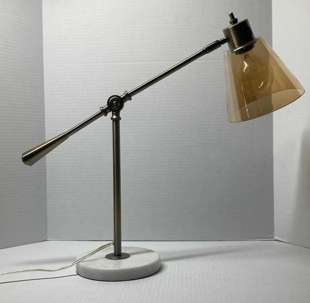 Photo 2 of ADESSO SIENNA ANTIQUE BRASS FINISH DESK LAMP W AMBER GLASS SHADE & MARBLE BASE 22” X 7” H21”