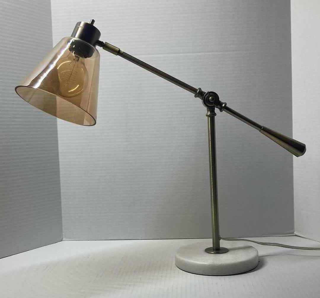 Photo 1 of ADESSO SIENNA ANTIQUE BRASS FINISH DESK LAMP W AMBER GLASS SHADE & MARBLE BASE 22” X 7” H21”