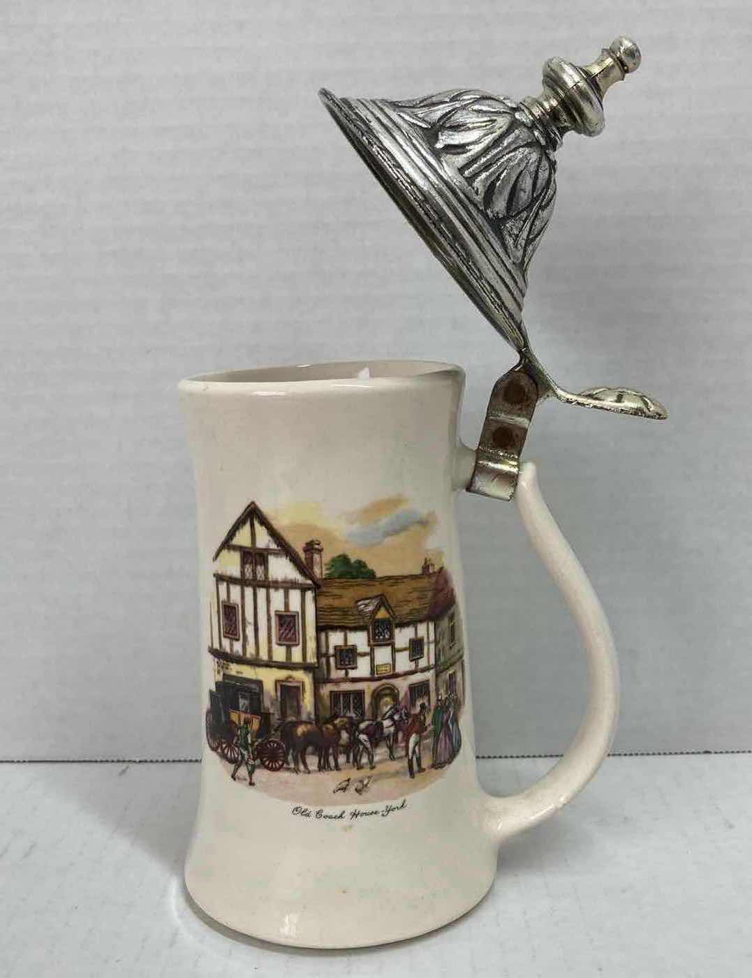 Photo 2 of MCCOY MID-CENTURY “OLD COACH HOUSE YORK” CERAMIC BEER STEIN W PEWTER LID H9”