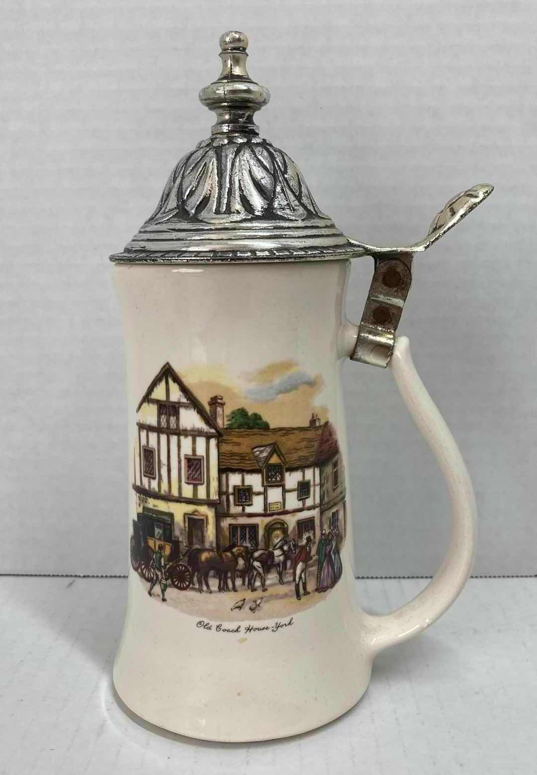 Photo 1 of MCCOY MID-CENTURY “OLD COACH HOUSE YORK” CERAMIC BEER STEIN W PEWTER LID H9”