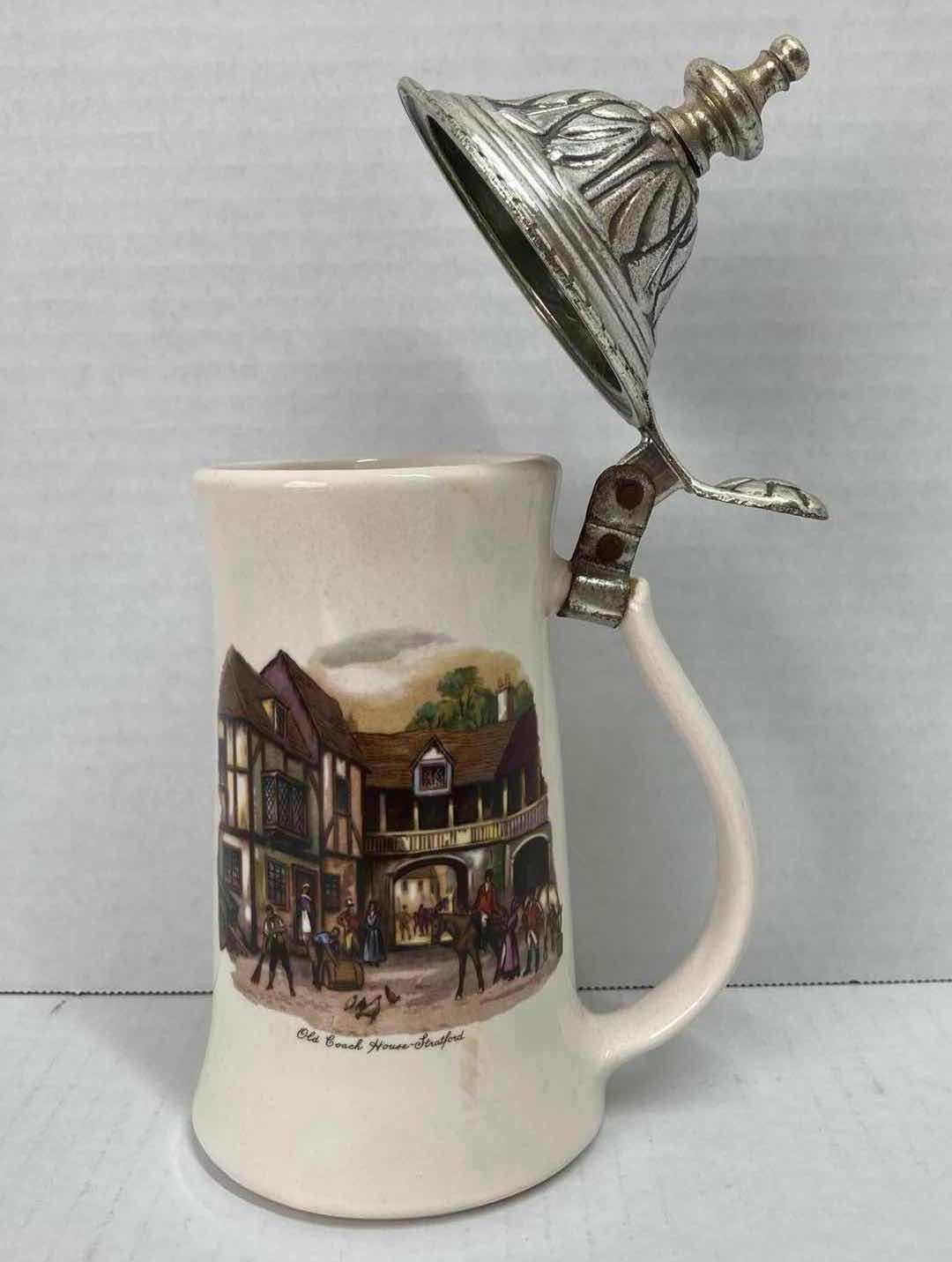 Photo 2 of MCCOY MID-CENTURY “OLD COACH HOUSE STRATFORD” CERAMIC BEER STEIN W PEWTER LID H9”