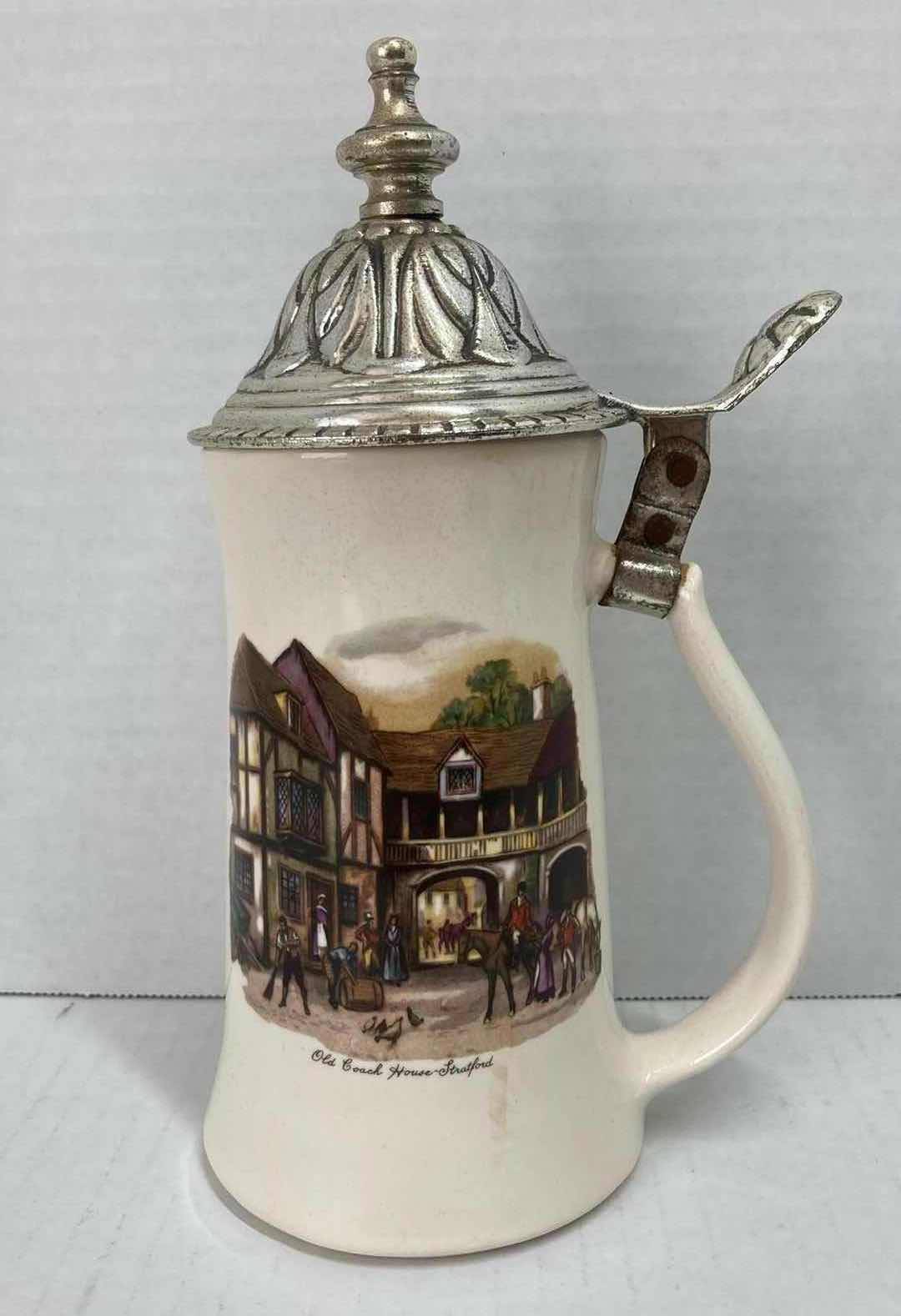 Photo 1 of MCCOY MID-CENTURY “OLD COACH HOUSE STRATFORD” CERAMIC BEER STEIN W PEWTER LID H9”
