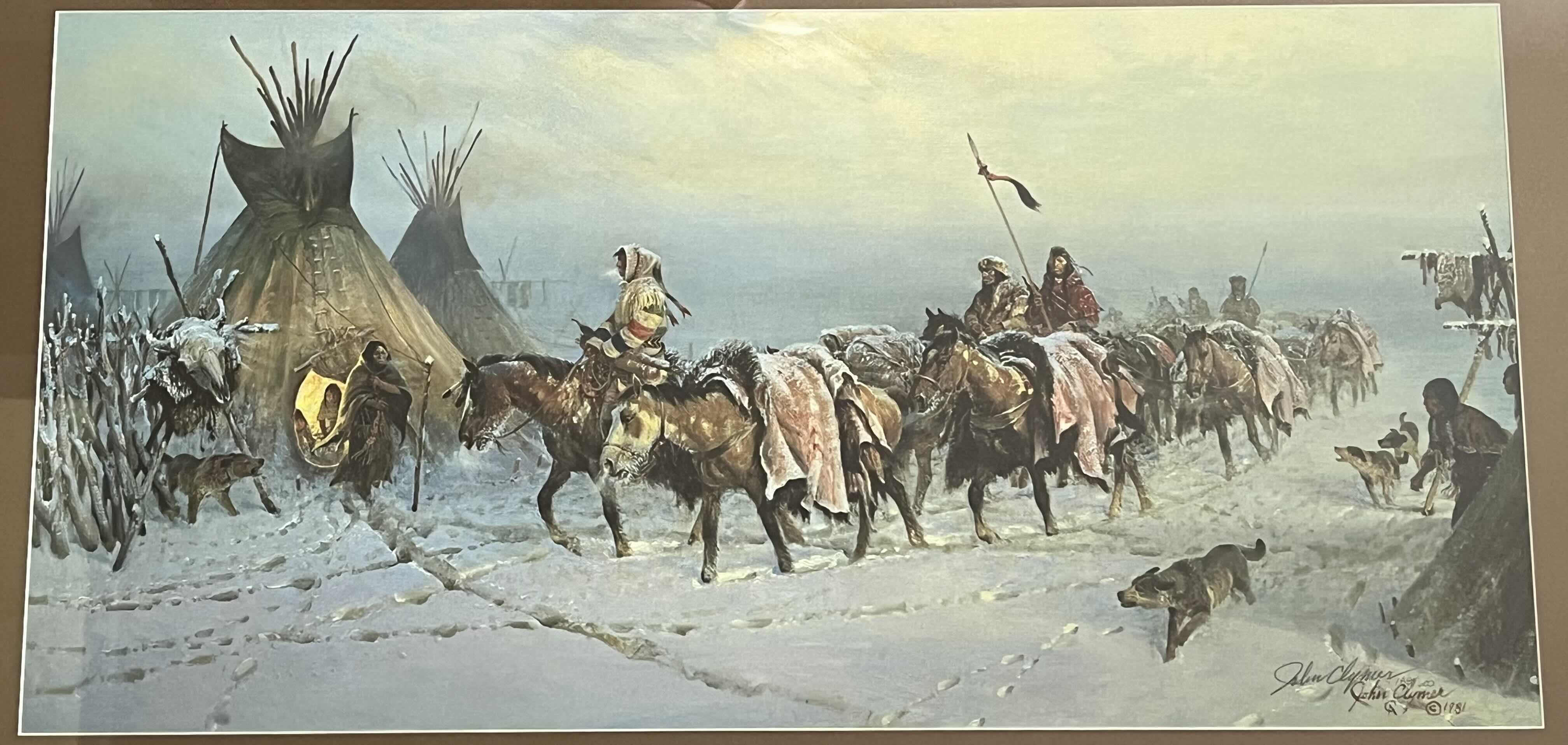 Photo 2 of LONG COLD WINTER NATIVE AMERICAN FRAMED ARTWORK SIGNED BY JOHN CLYMER 188/600 1981 37.75” X 22.75”