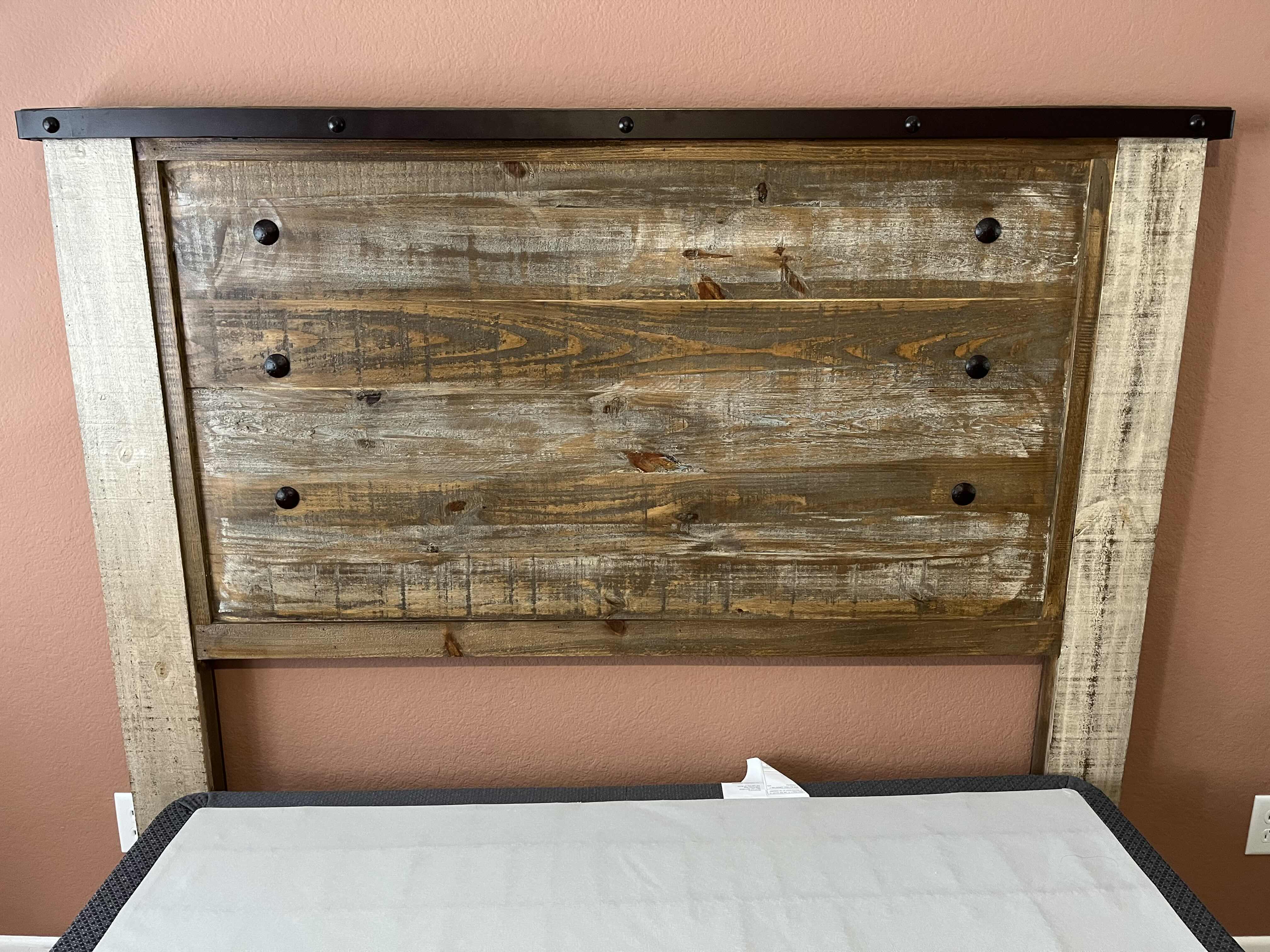 Photo 2 of INTERNATIONAL FURNITURE DIRECT RUSTIC ANTIQUE BARN WOOD BLACK IRON QUEEN BED FRAME W SALT LAKE BOX  SPRING 67” X 88” H59” (READ NOTES)