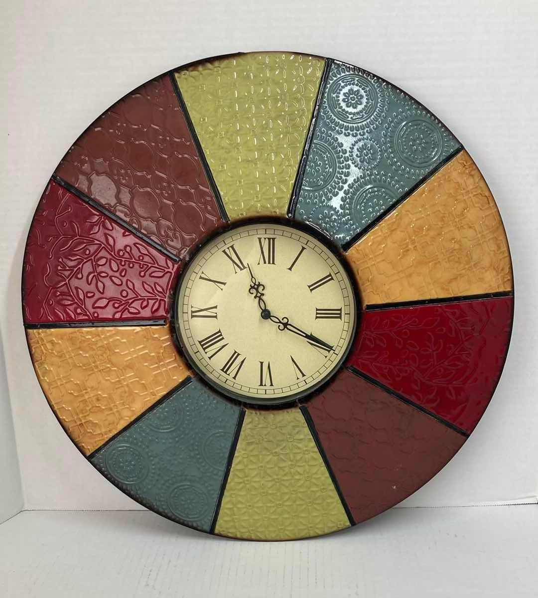 Photo 1 of KIRKLAND’S MULTICOLORED FARMHOUSE QUILT PATTERN METAL WALL CLOCK 20”