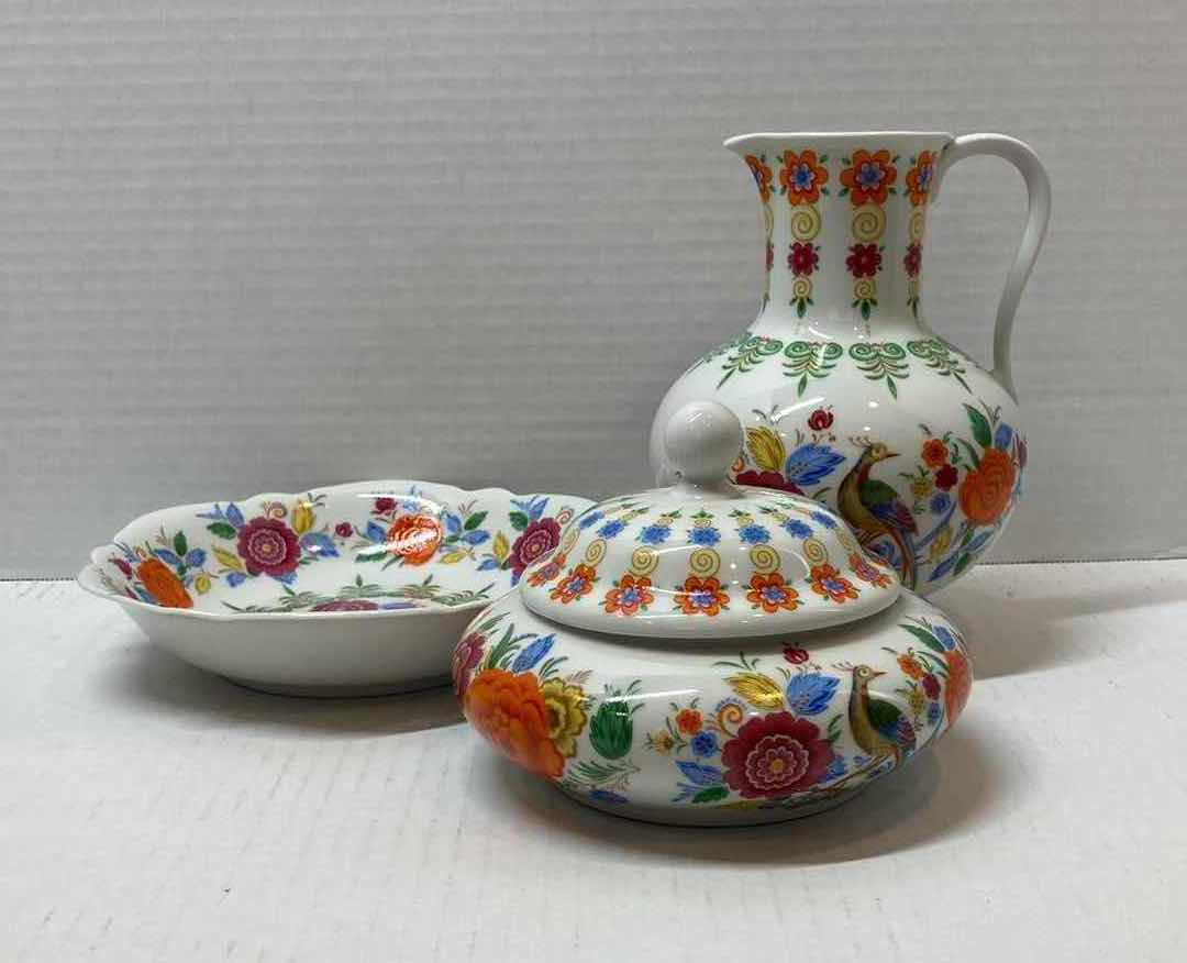 Photo 1 of LINDNER KUEPS BABARIA PORCELAIN CHINESE FLOWER & PEACOCK TEA BOX, CREAMER, & BOWL