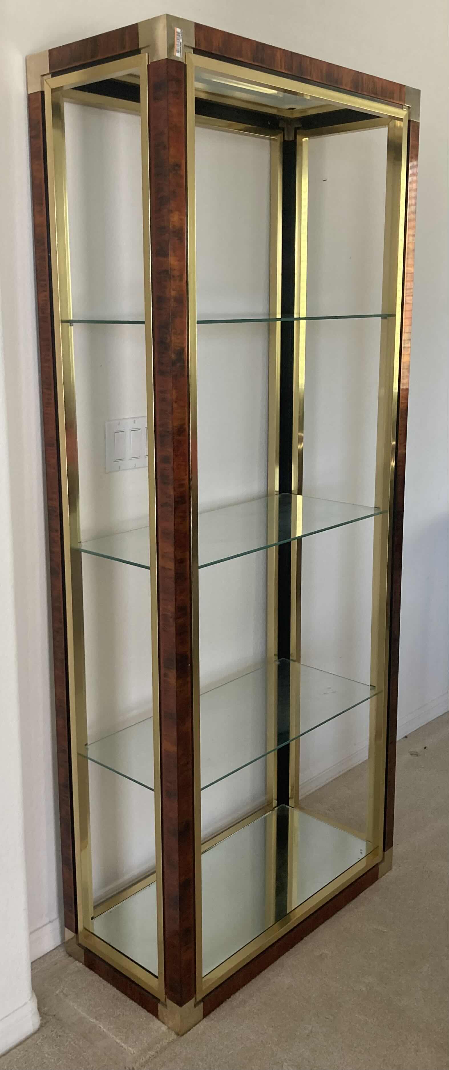 Photo 3 of MASTERCRAFT STYLE BRASS & TORTOISE FINISH ETAGERE BOOK SHELF W GLASS SHELVES 30” X 14” H72”