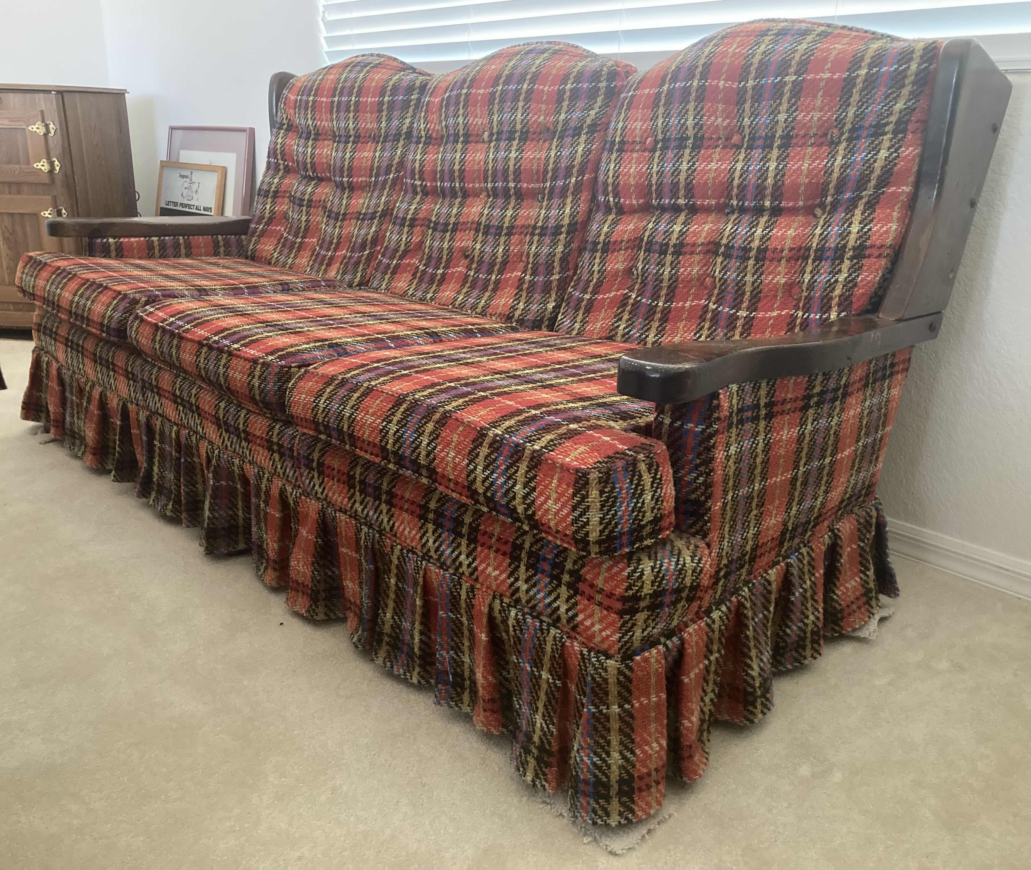 Photo 2 of CRESTLINE FURNITURE PLAID UPHOLSTERY WOOD FRAME SOFA 76” X 31” H35”