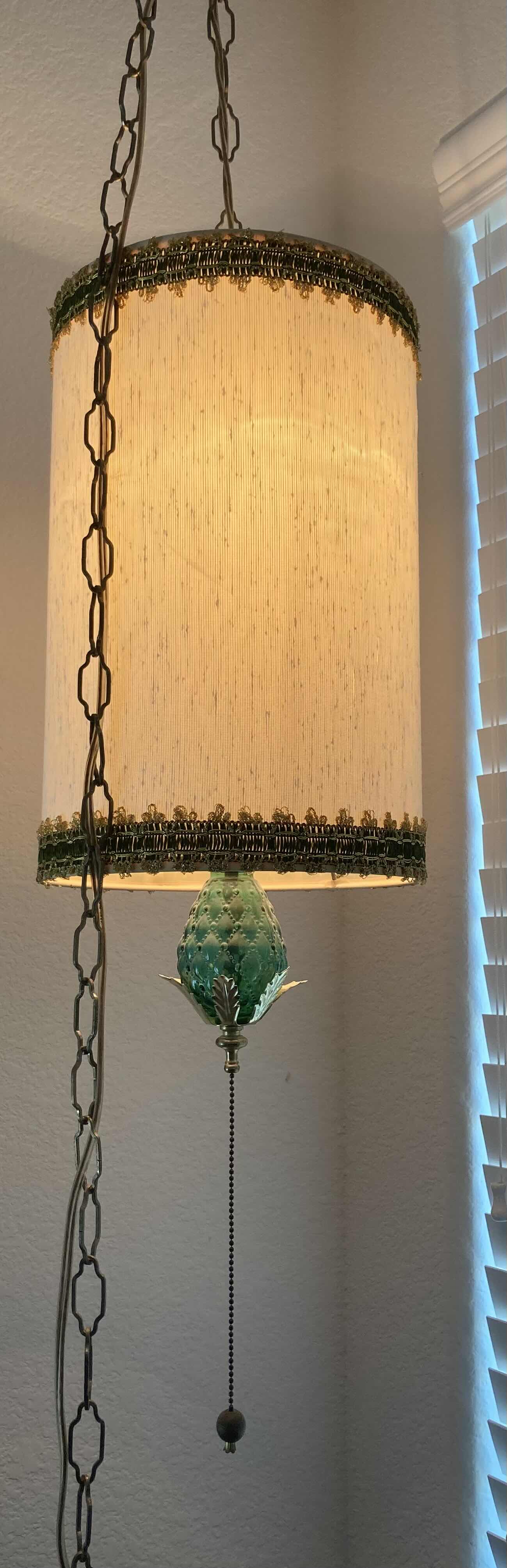 Photo 1 of MID CENTURY PENDANT SWAG LAMP W DRUM SHADE & GREEN GLASS 11FT CHAIN/13FT CORD 10” X H15” SHADE