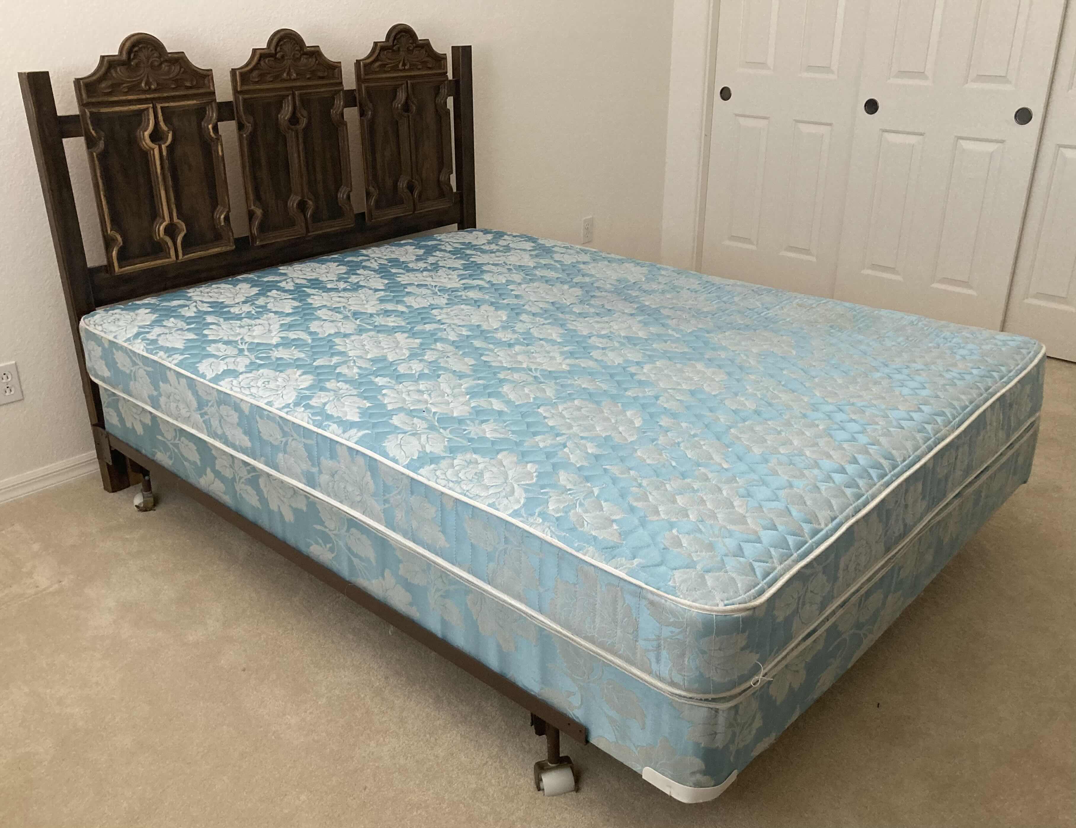 Photo 2 of MID CENTURY WOOD BACK BOARD W SEALY BLUE FLORAL QUEEN MATTRESS , BOX SPRING & BED RAILING 81.5” X 60.5” H50”